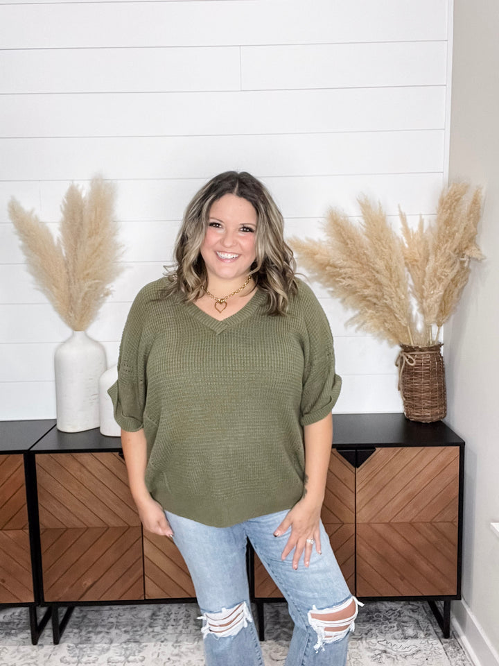 "Short On Time" Cuffed Short Sleeve V Neck Sweater (Multiple Colors)