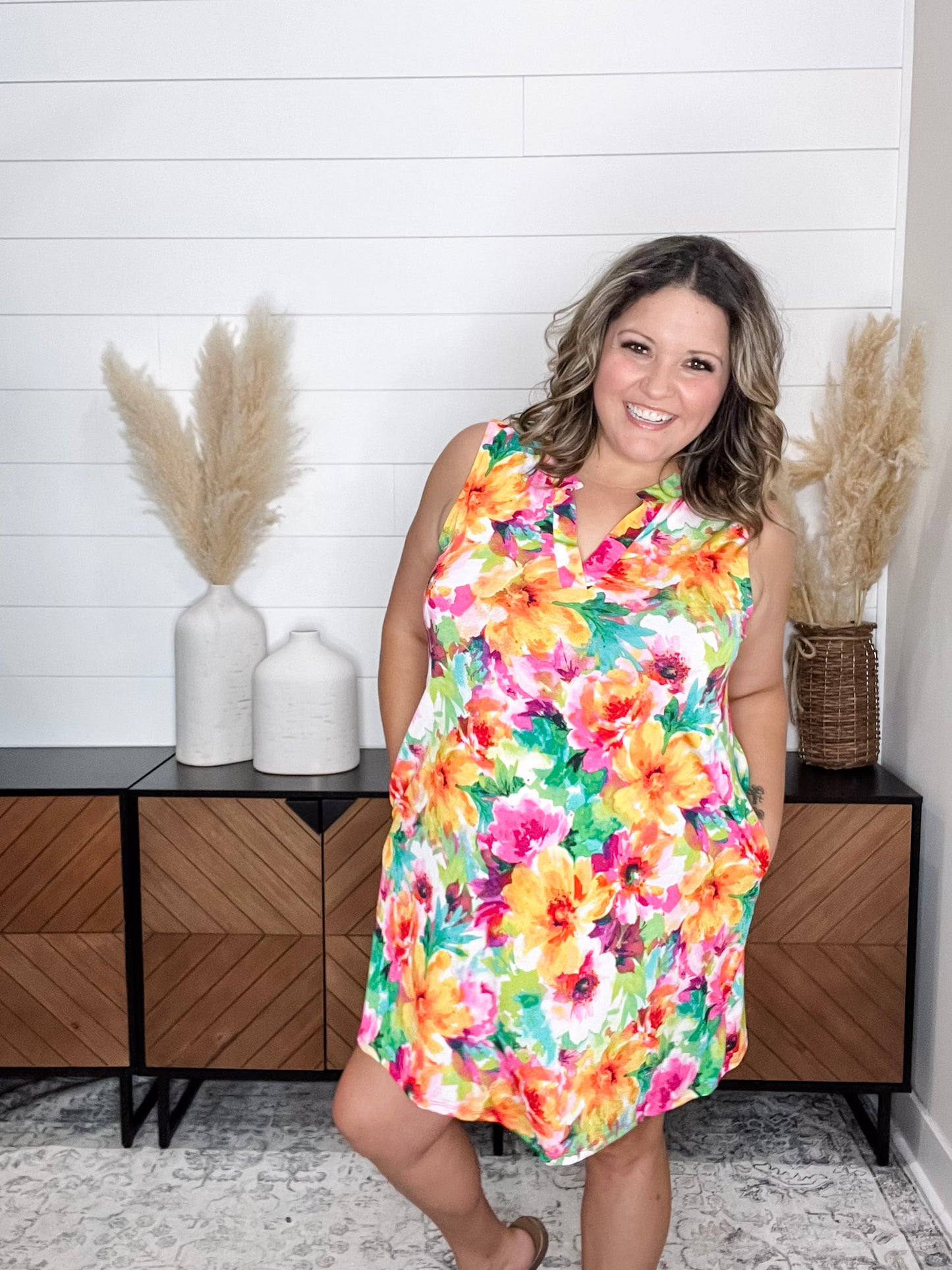 "Rushville" Sleeveless Split Neck Dress with Pockets