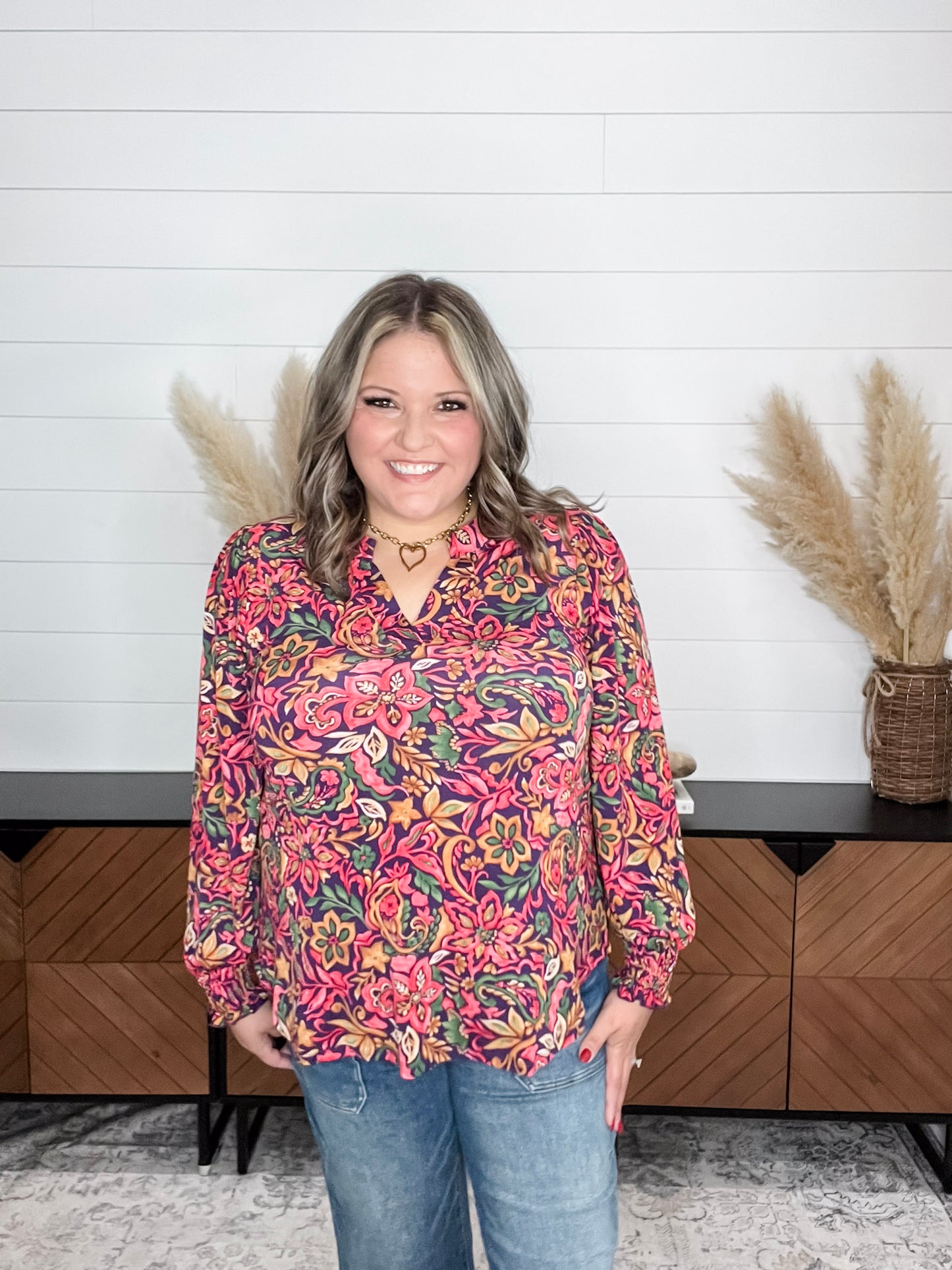 "Atmore" Smocked Wrist Long Sleeve Split Neck