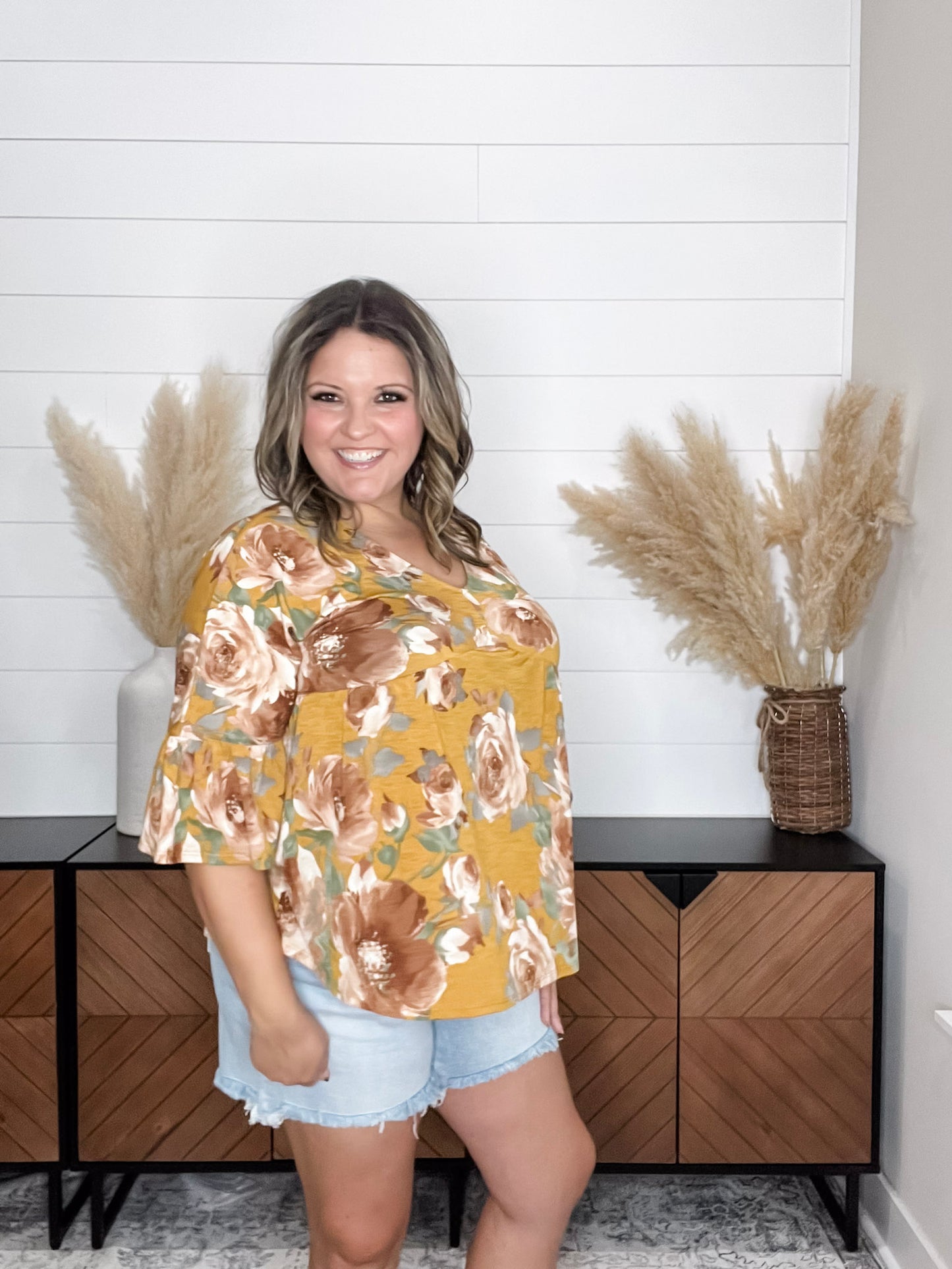 "Calen" Floral 3/4 Ruffle Sleeve Babydoll