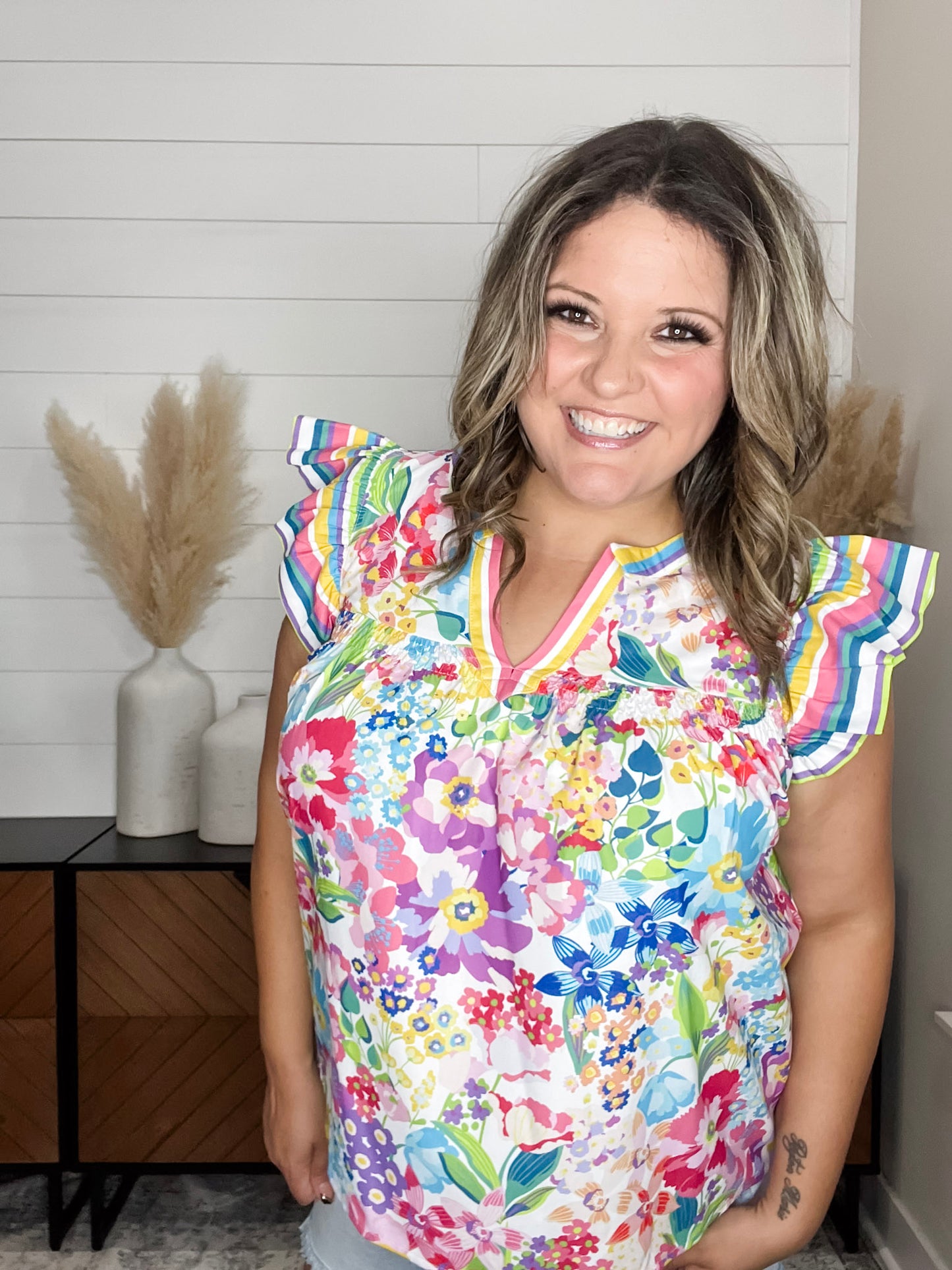 "Bryce" Flutter Sleeve Split Neck with Smocked Band