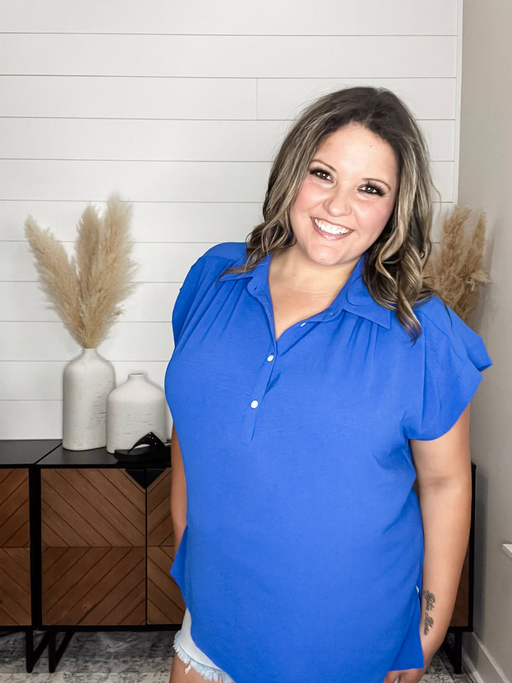 "Bailee" Collared Cap Sleeve Blouse with Front Buttons (Royal Blue)