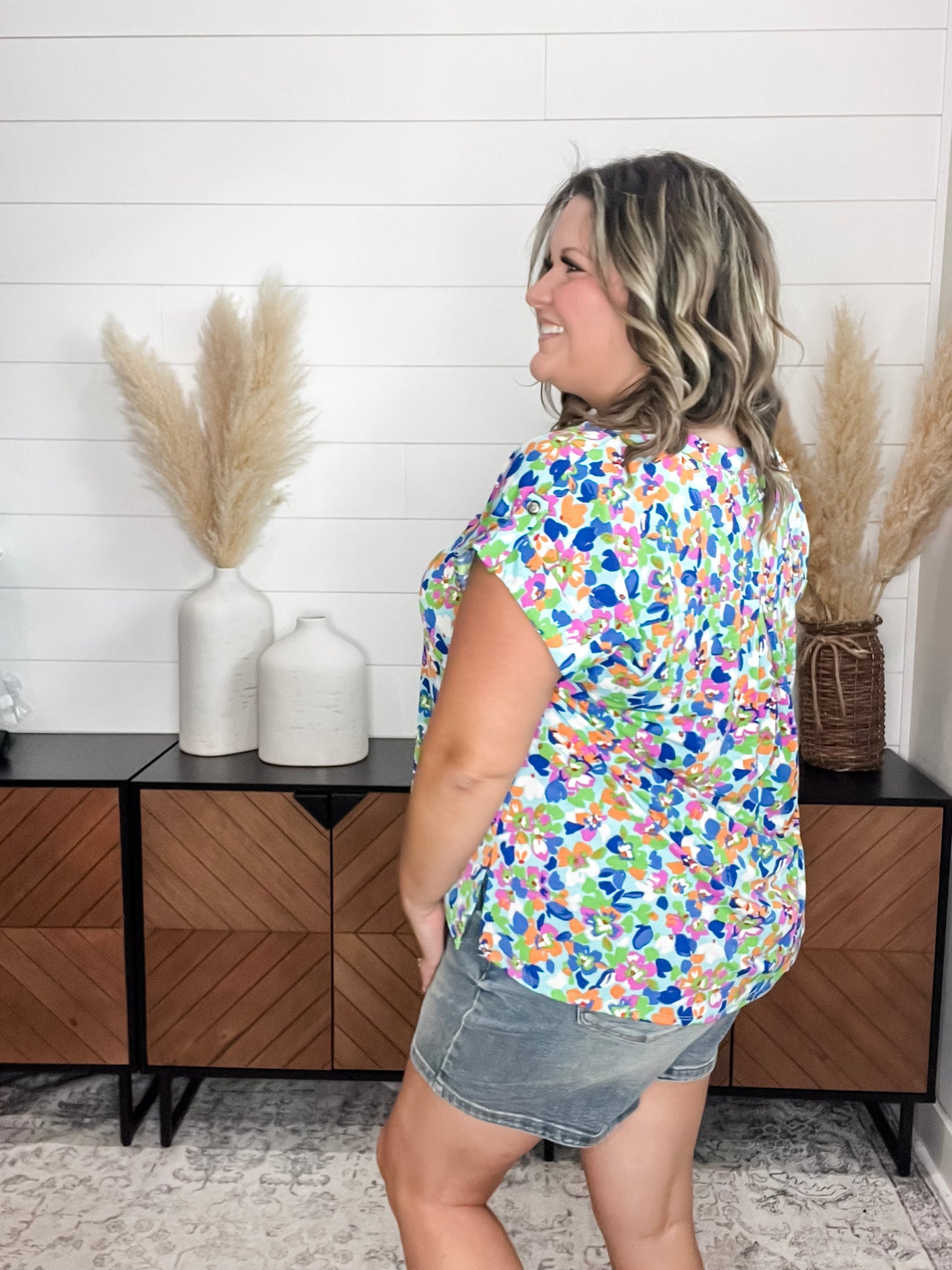 "Smack Dab" Split Neck Cuffed Short Sleeve