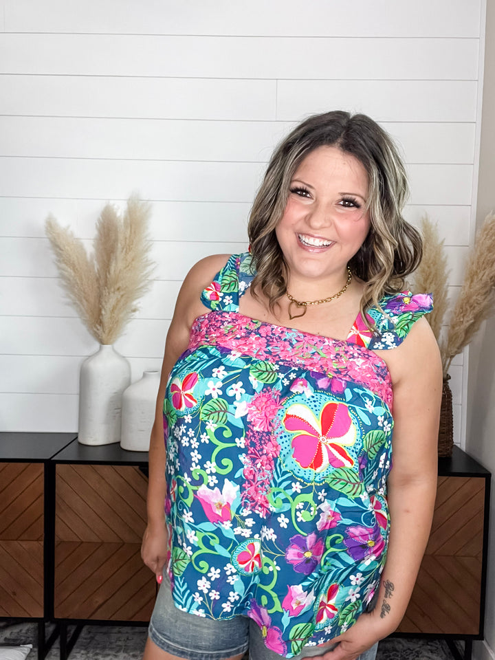 "Off Topic" Floral Tank with Embroidery Detail