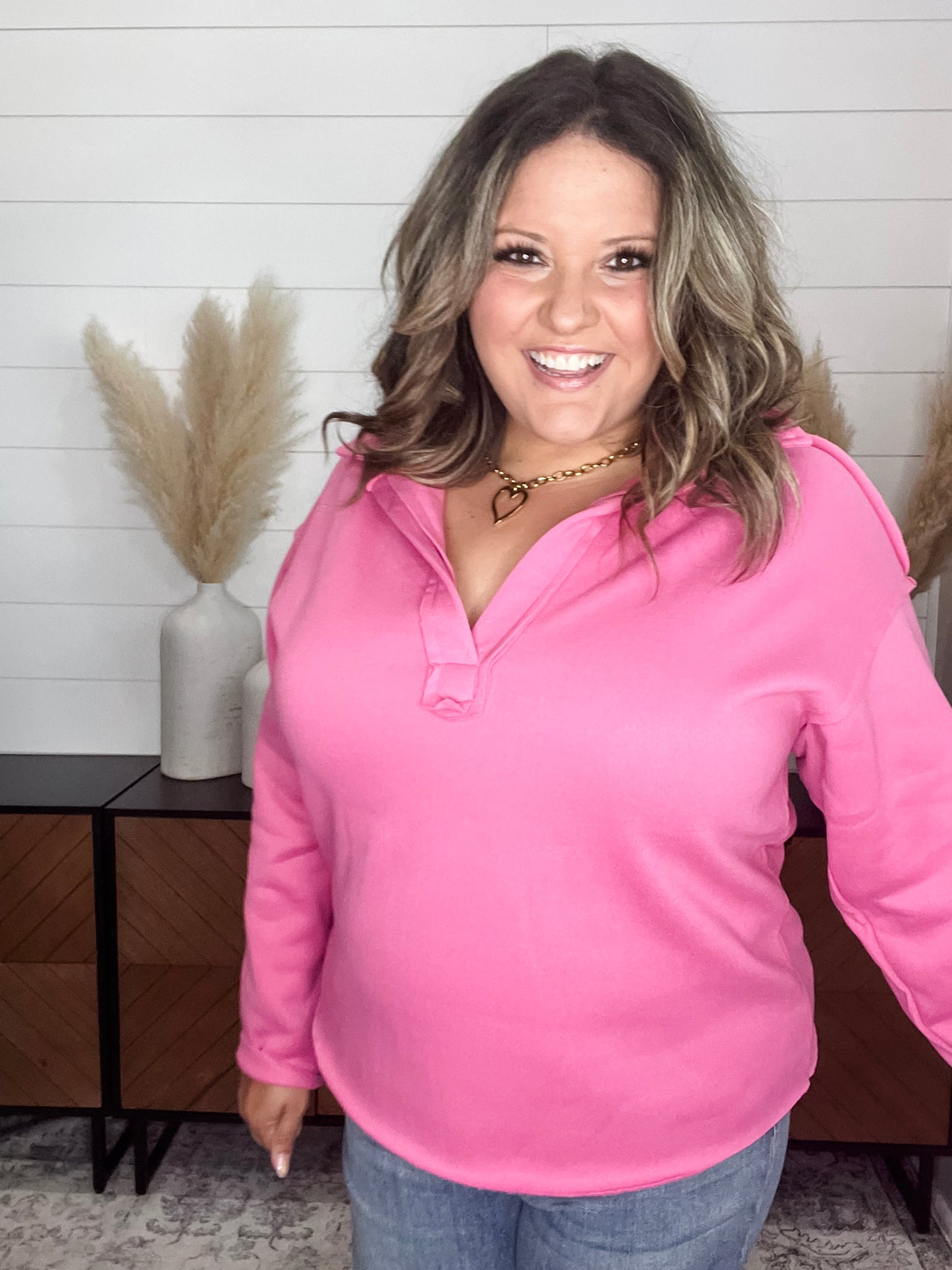 "Bubblegum" Long Sleeve Split Neck Sweatshirt