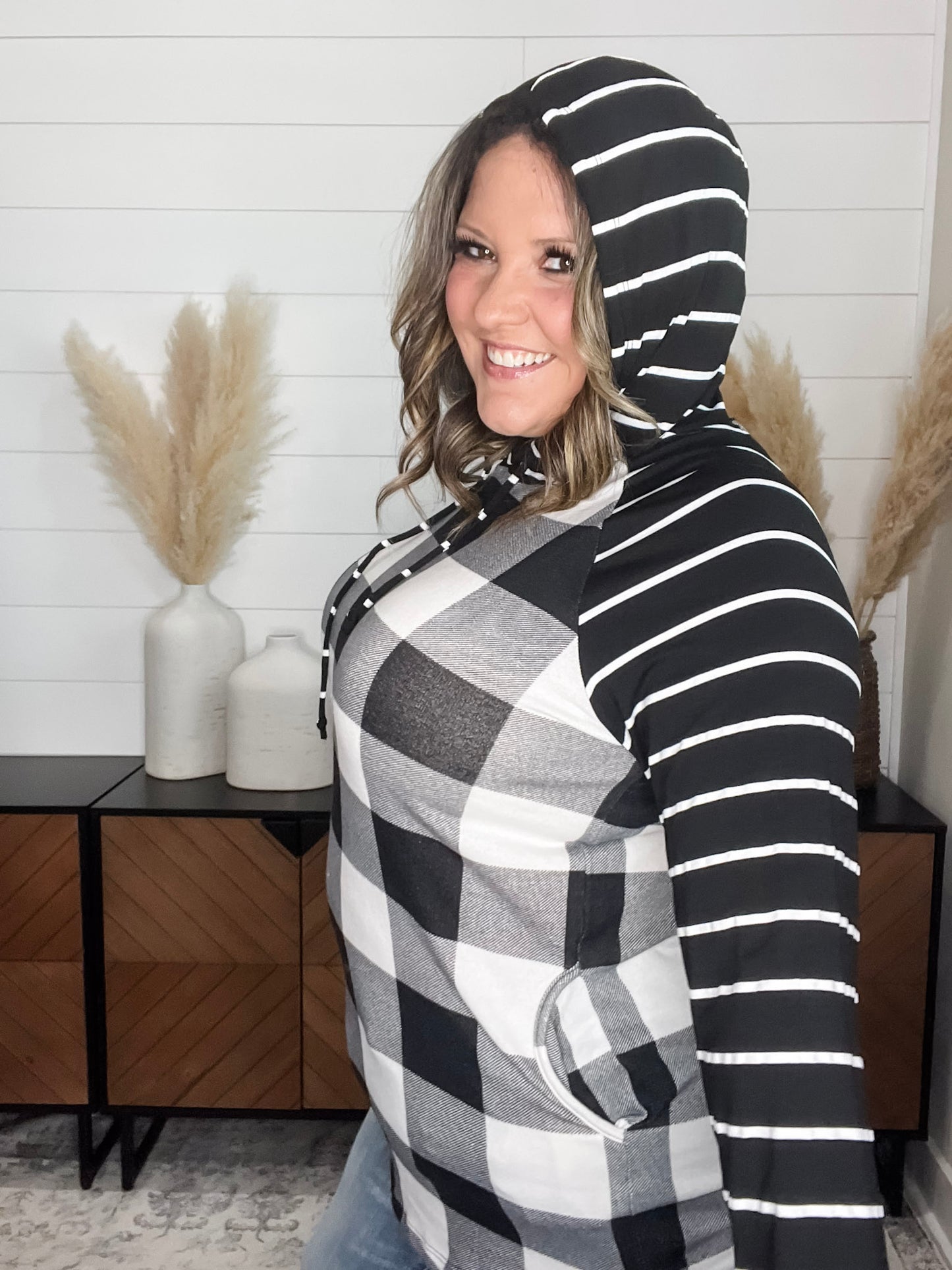 "Crystal" Light Weight Hoodie with Stripe Sleeve (Black & White Plaid)