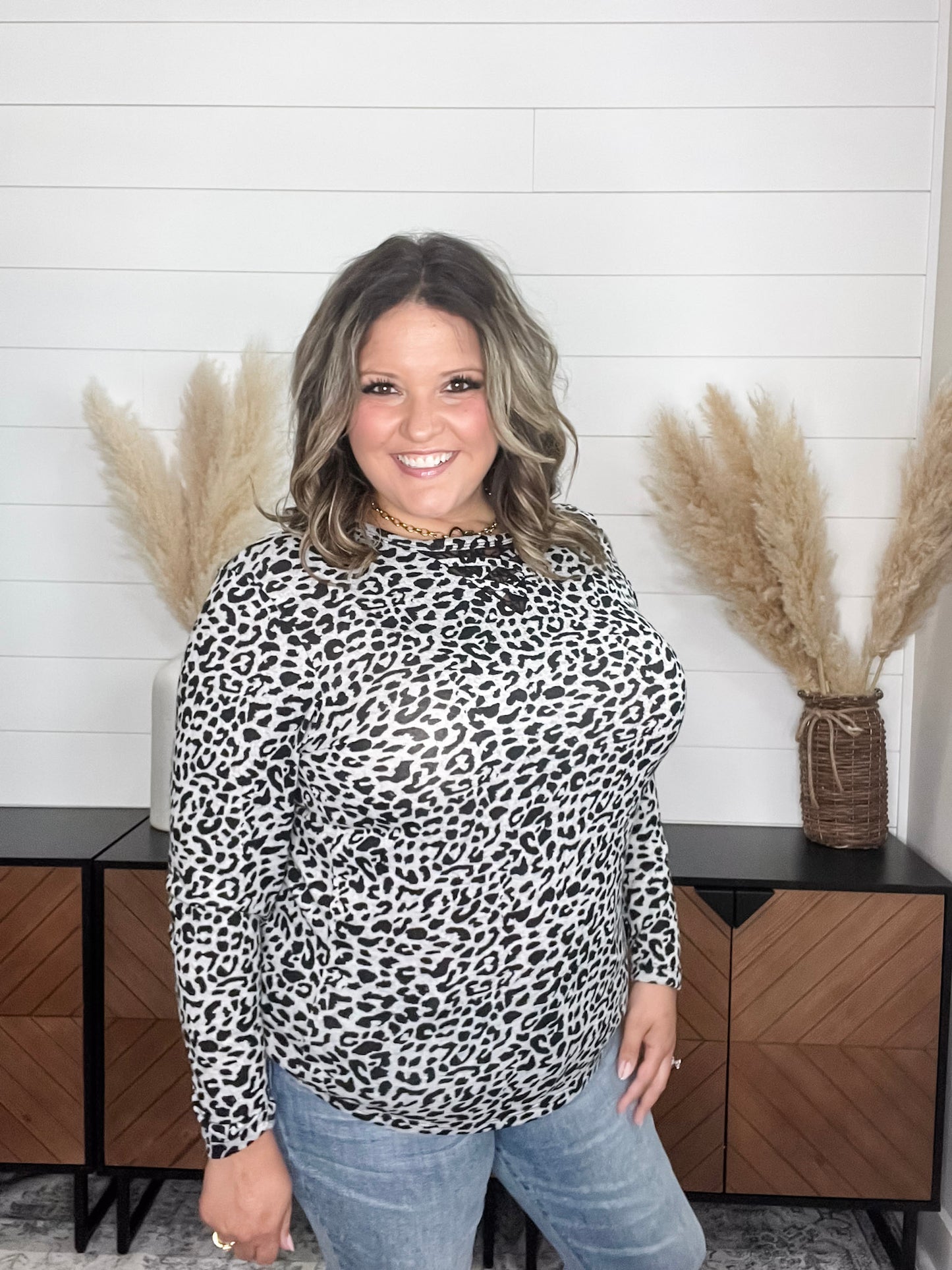"Dixie" Animal Print Long Sleeve with Criss Cross Design (Grey)