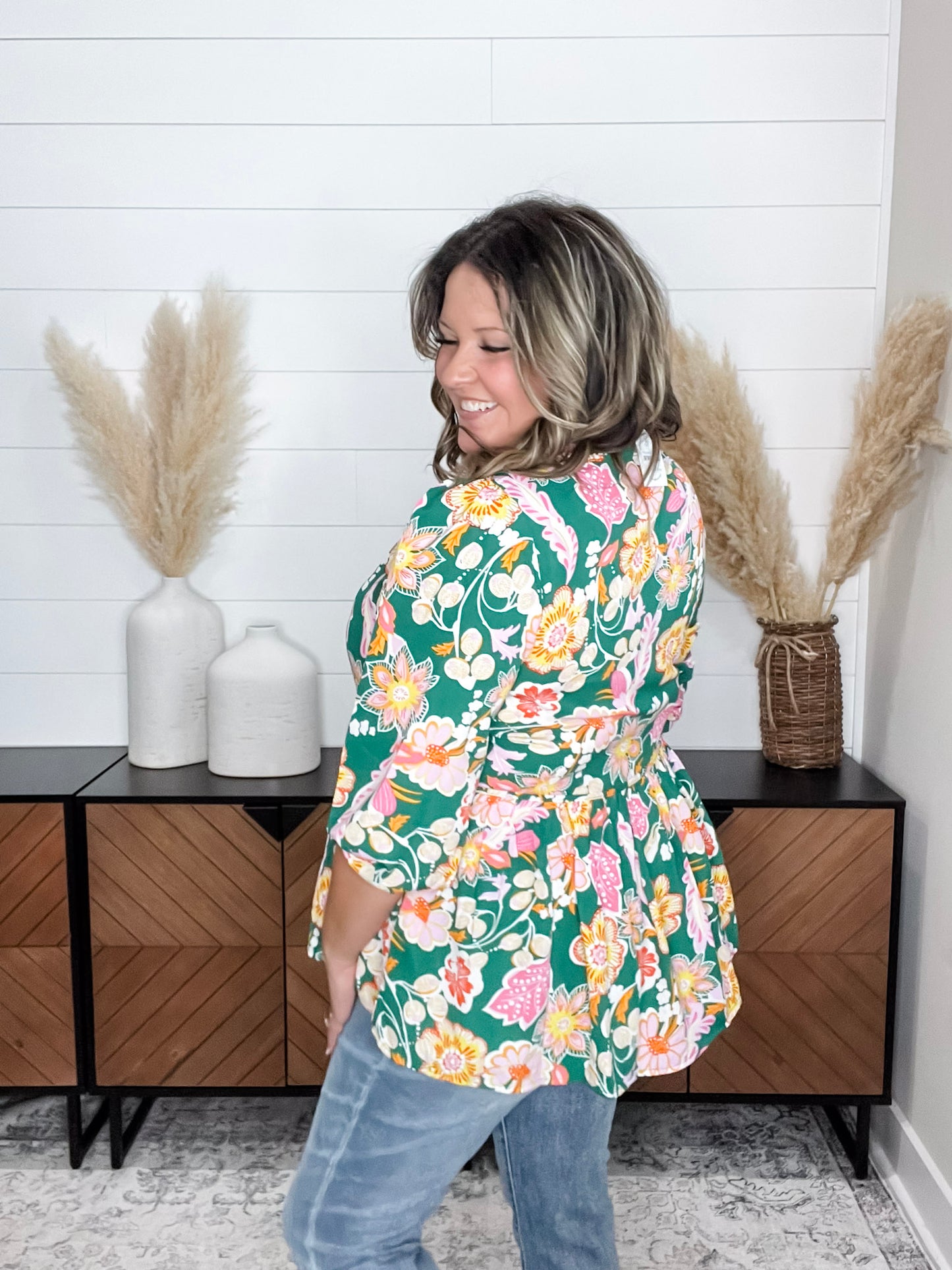 "Highland" 3/4 Sleeve Peplum with Front Tie