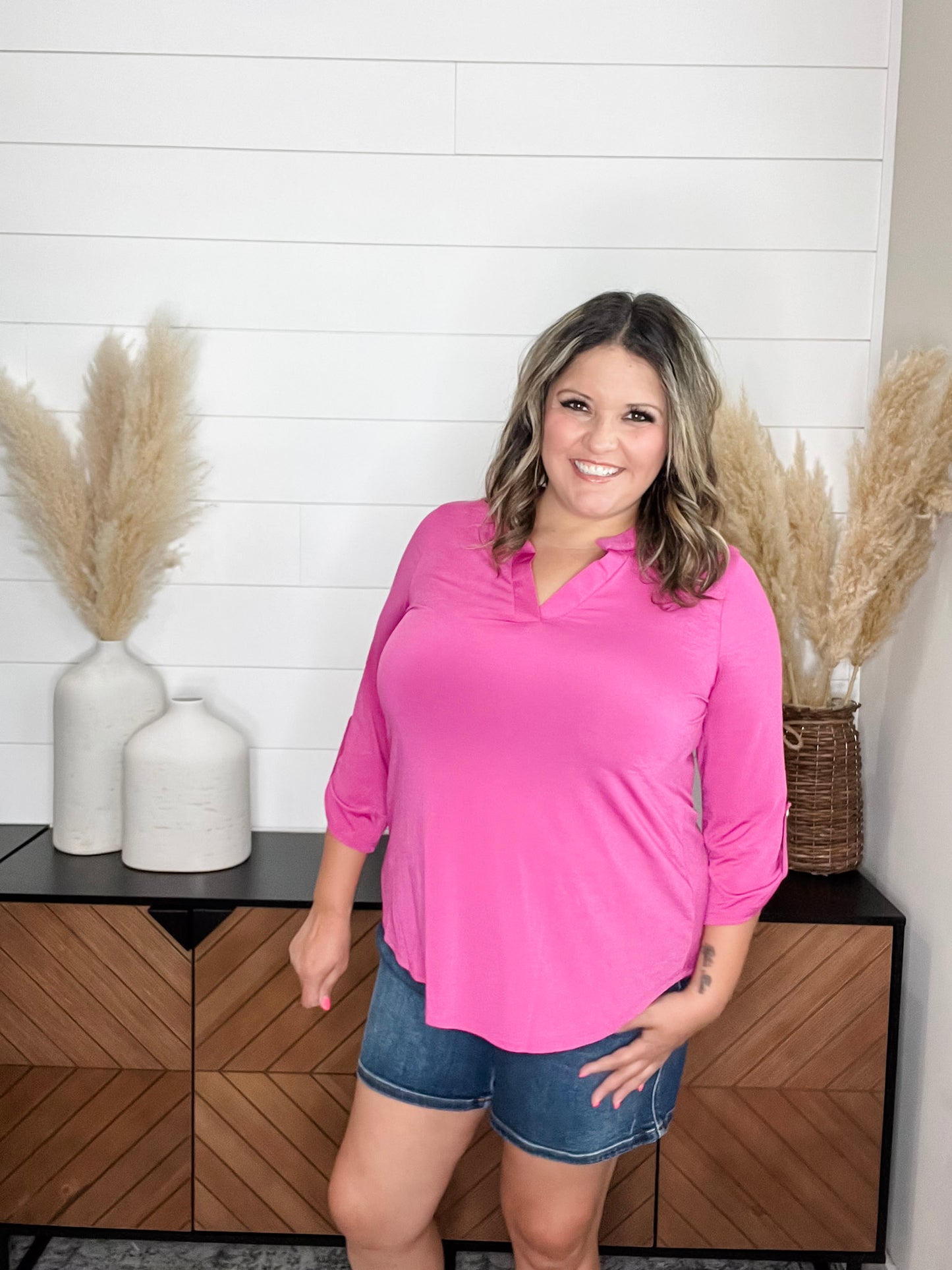 "What Can You Say" 3/4 Sleeve Split Neck (Magenta)