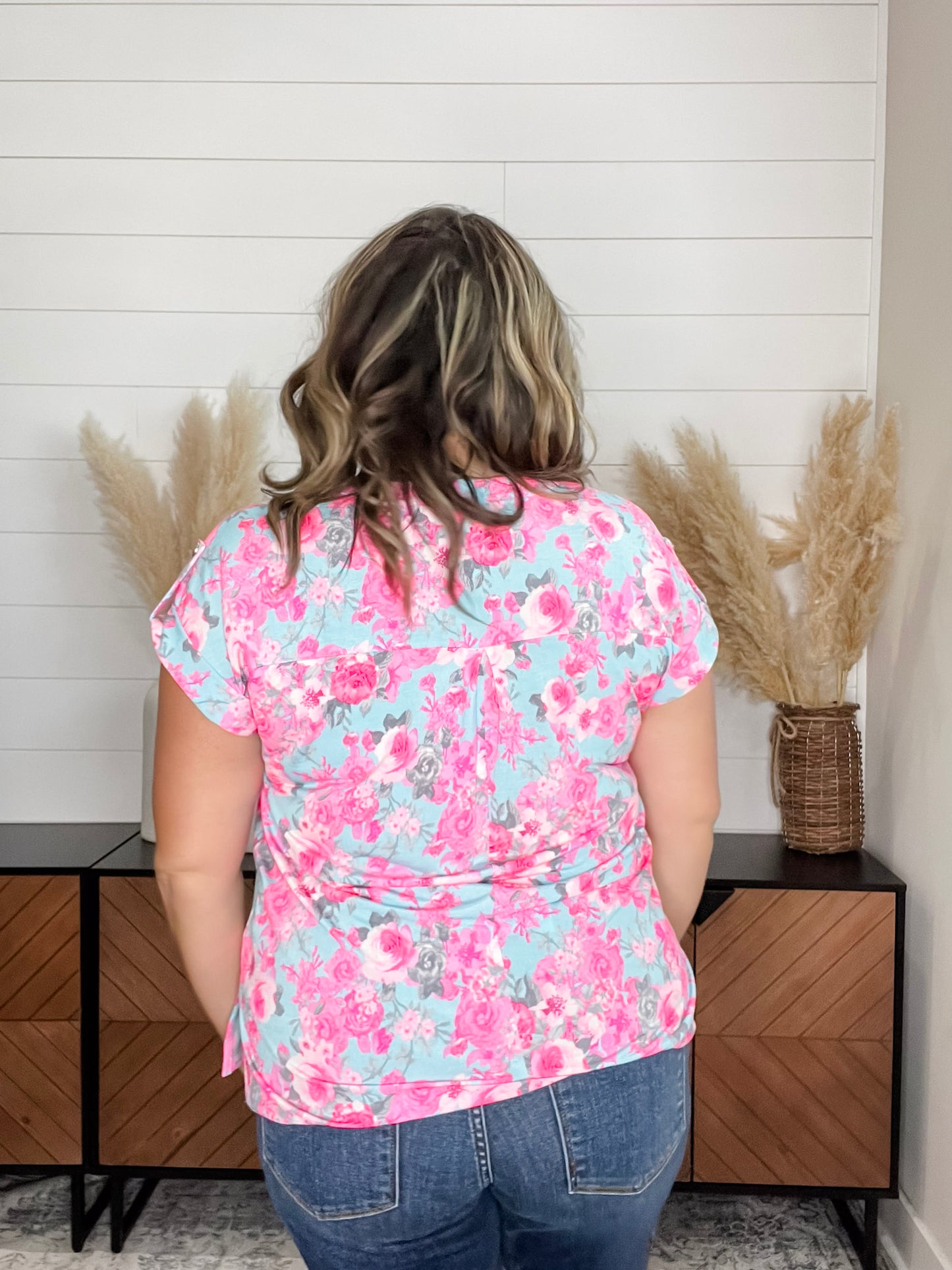 "Fletcher" Floral Split Neck Cuffed Short Sleeve