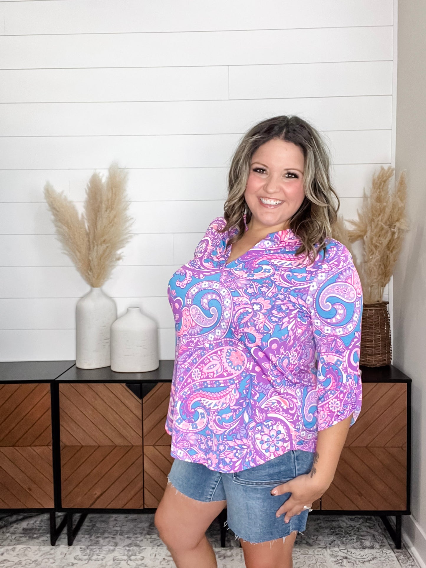 "Covert" Paisley 3/4 Sleeve Split Neck Tops