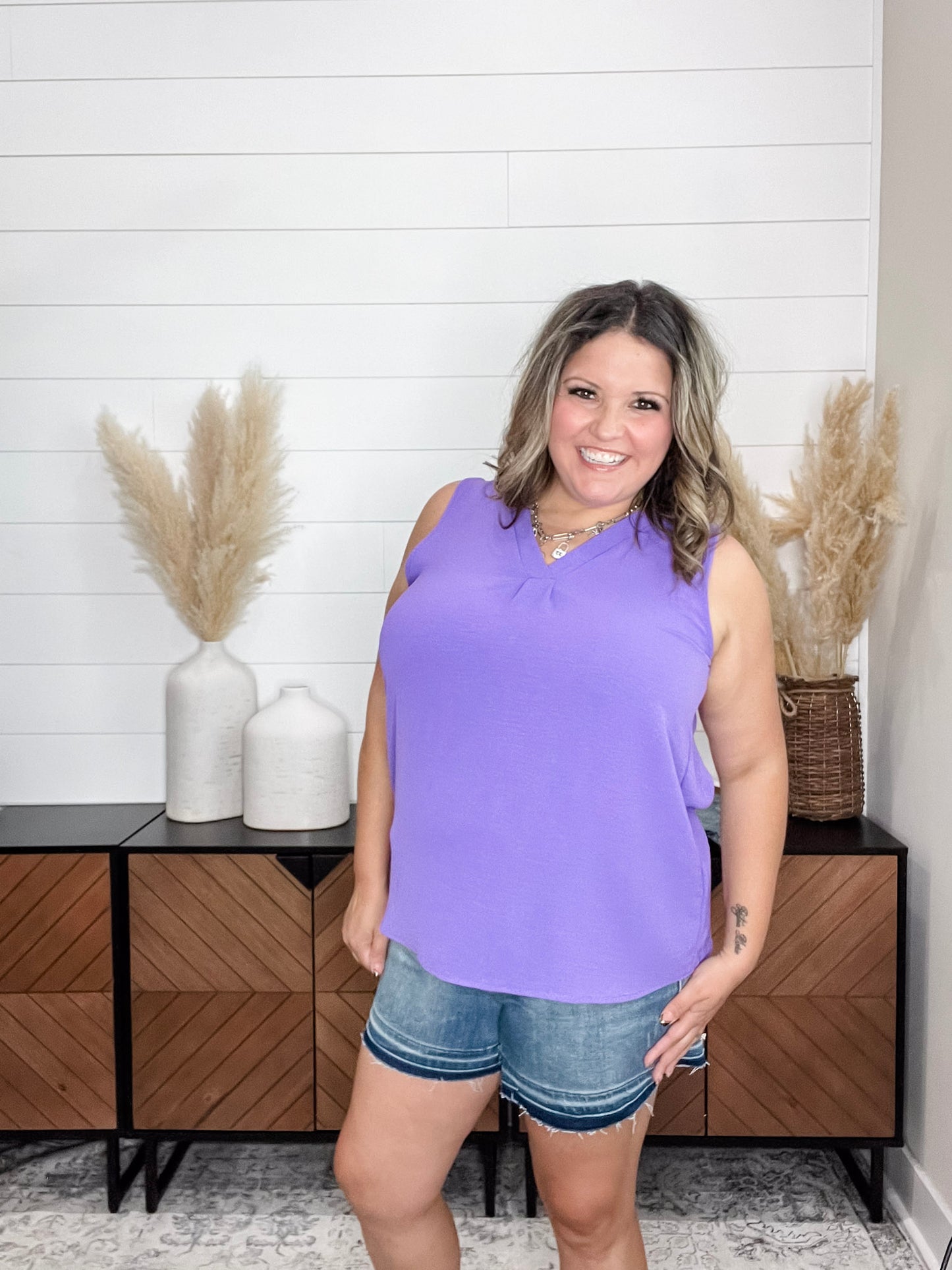 "Swanton" Deep V Tank with Front Pleat (Orchid Glow)