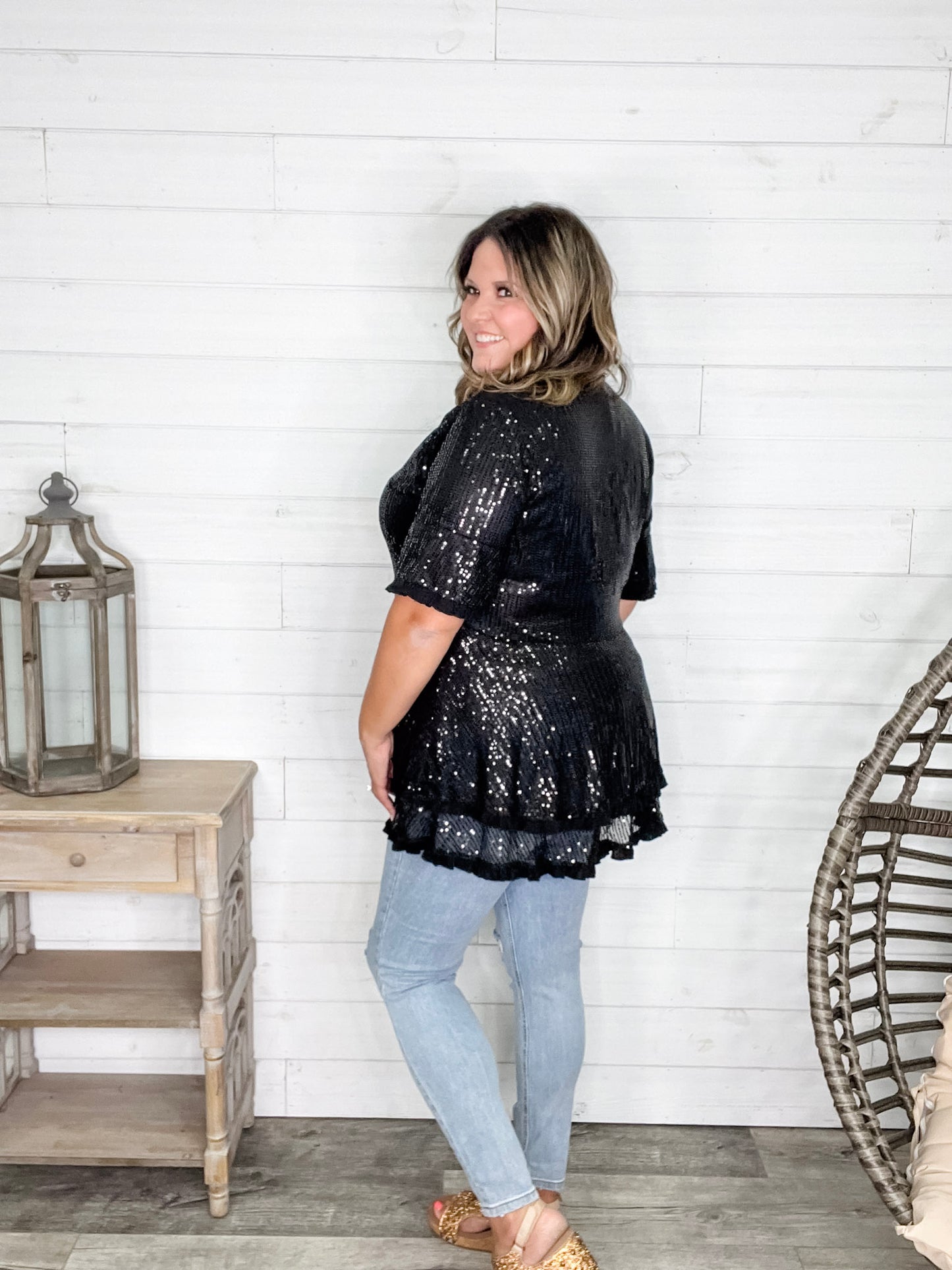 "Caught A Glimpse" Sequined Ruffle Hem and Sleeve (Black)
