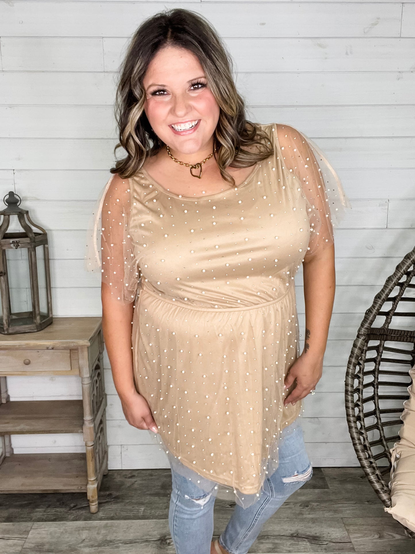 "Eras" Pearl Mesh Lined Tunic / Dress (Nude)