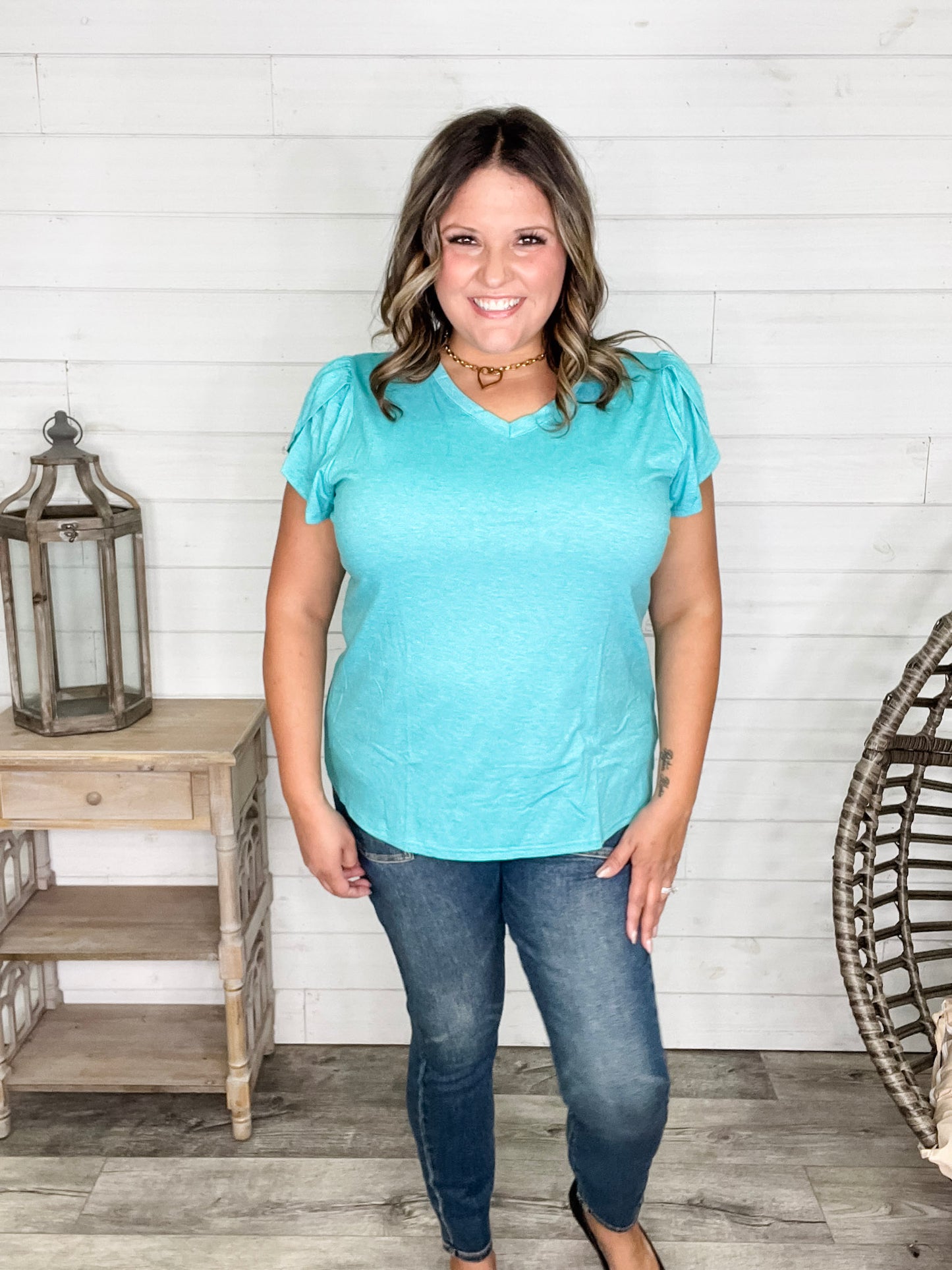 "Just The Beginning Chapter Two" Solid Tulip Sleeve V Neck (Turquoise)