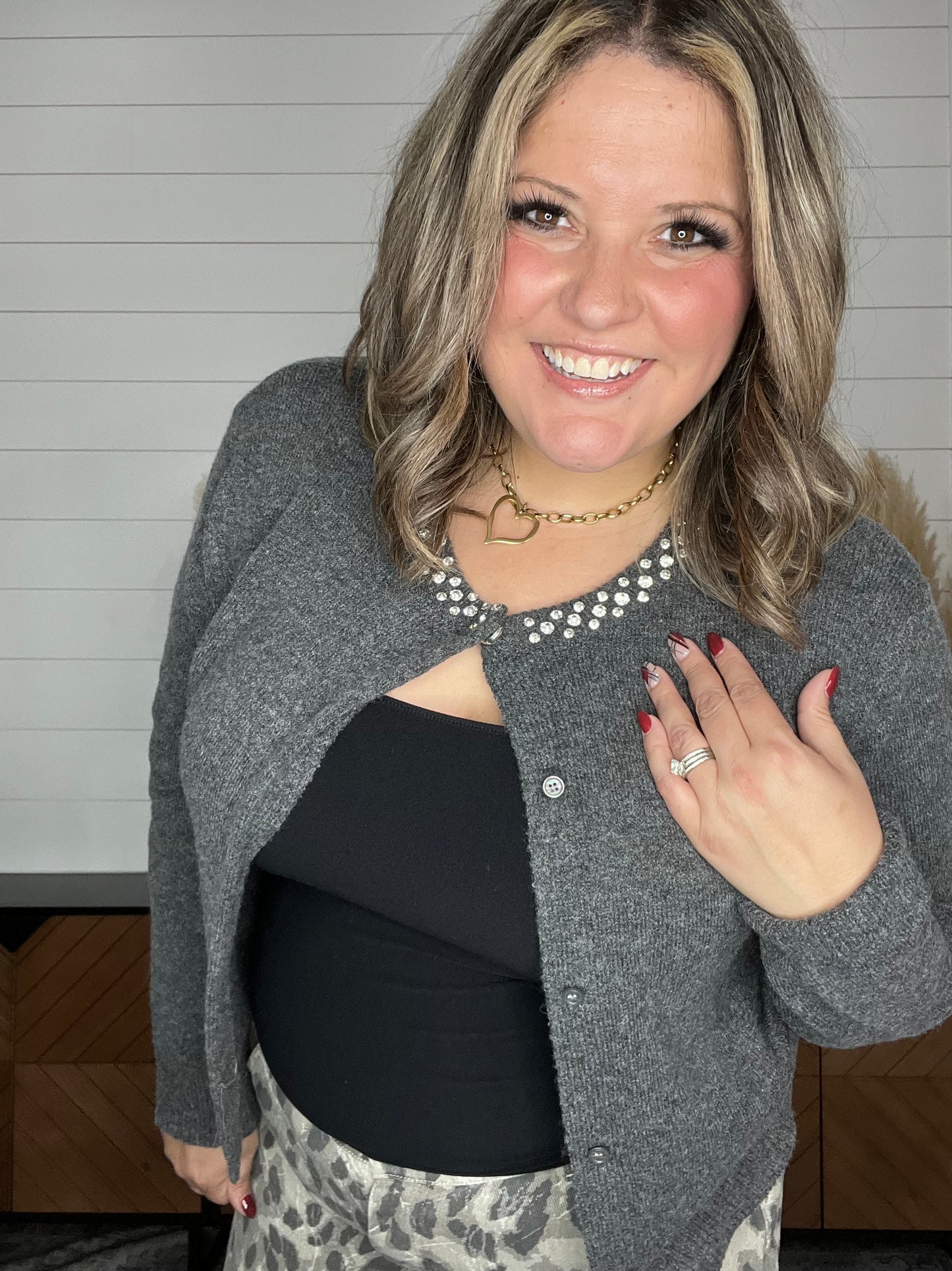 "Classical" Long Sleeve Button Front Sweater with Rhinestone Detail