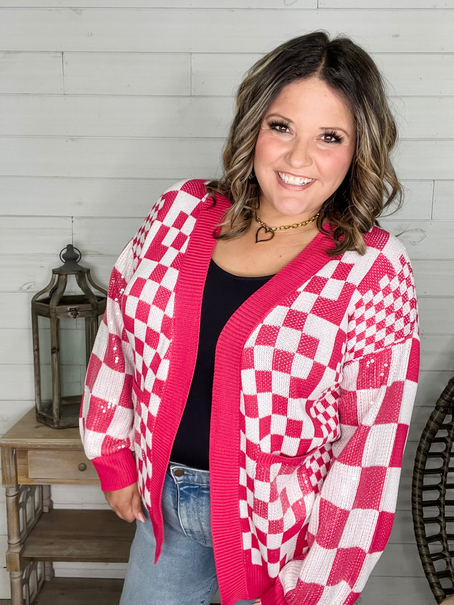 "Check Me Out" Checkered Cardigan with Sequin Detail (Multiple Colors)