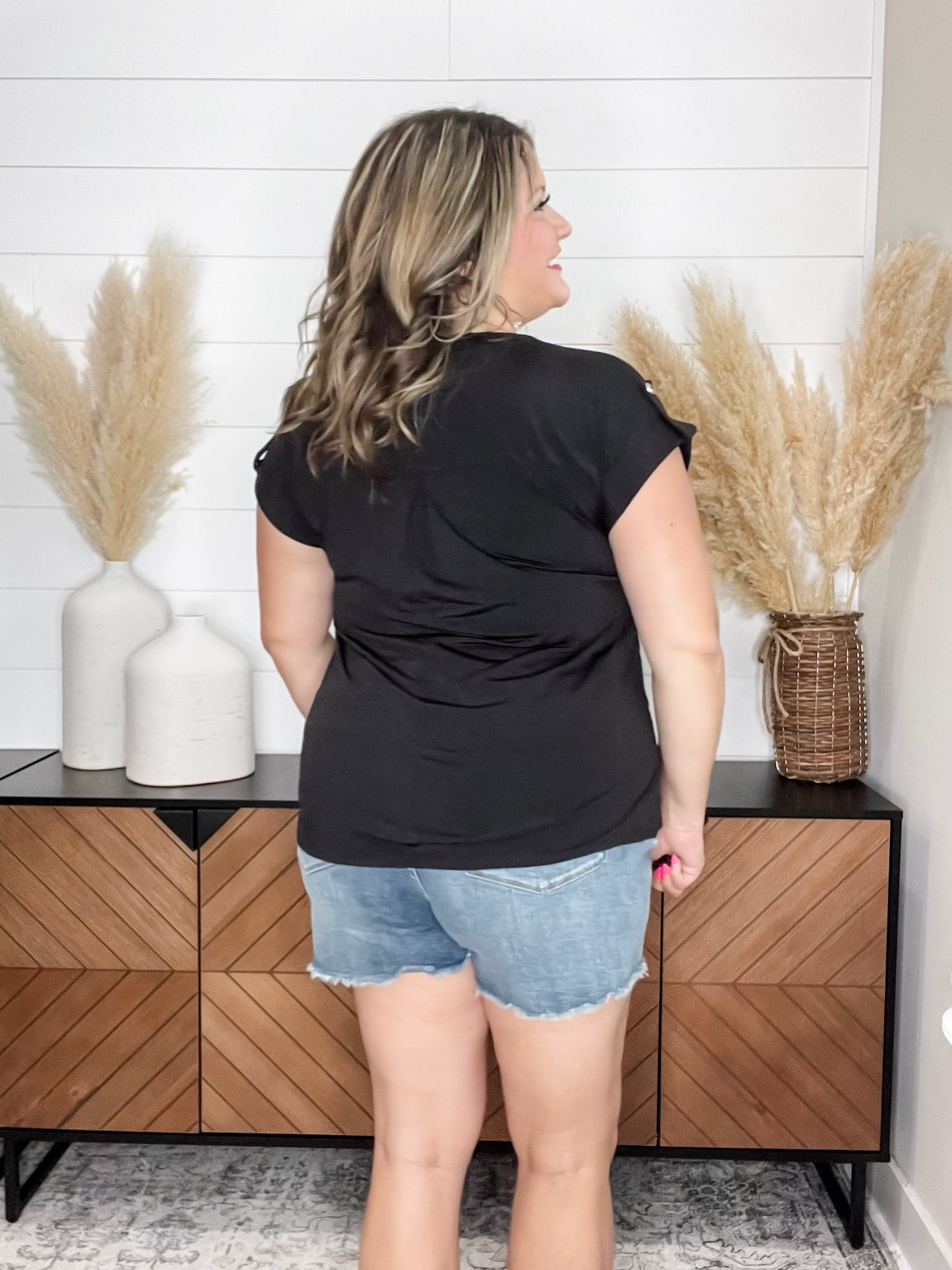 "Smarter Than You Think" Split Neck Cuffed Short Sleeve (Black)