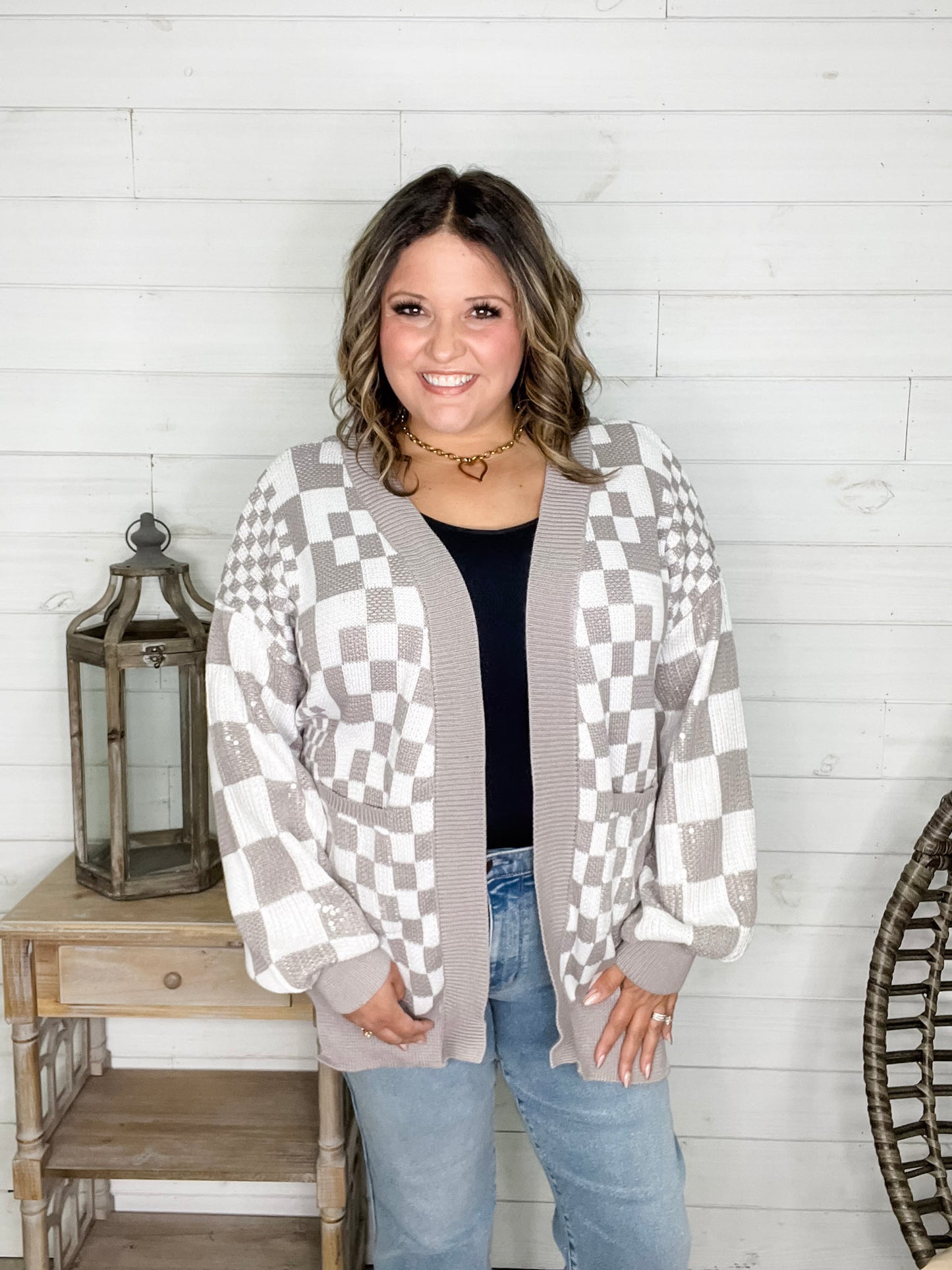 "Check Me Out" Checkered Cardigan with Sequin Detail (Multiple Colors)