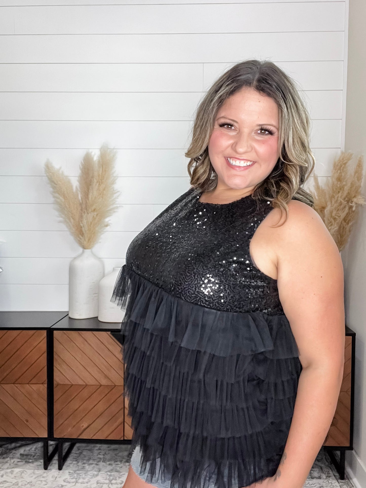 "On The Town" Sequined Ruffle Tank