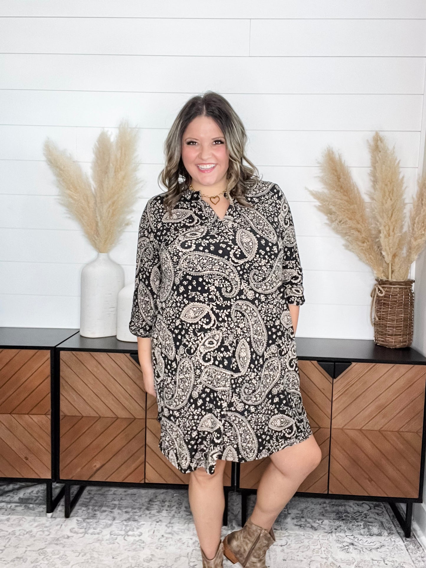 Dear Scarlett "Lithium" 3/4 Sleeve Split Neck Dress with Pockets