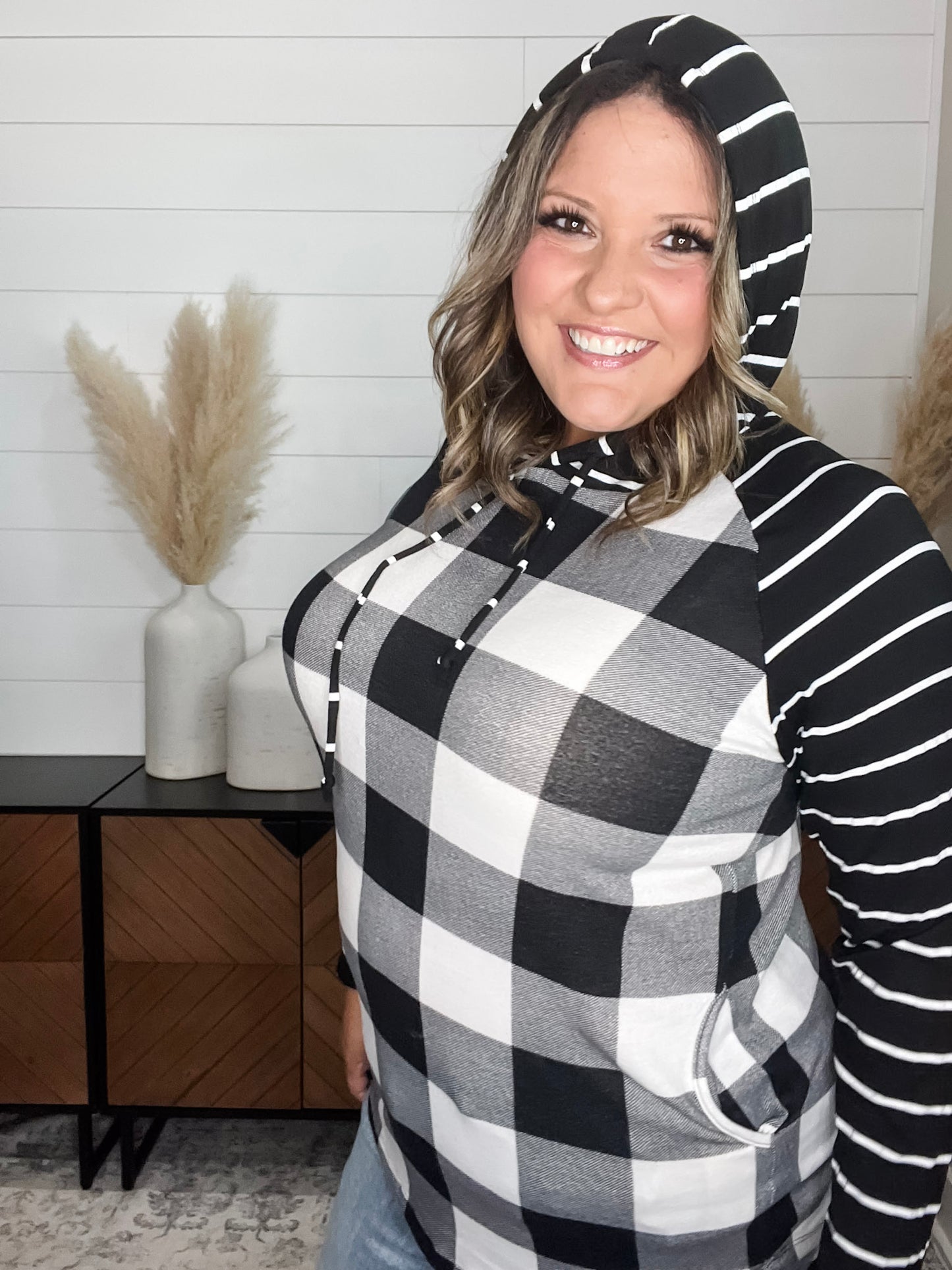 "Crystal" Light Weight Hoodie with Stripe Sleeve (Black & White Plaid)