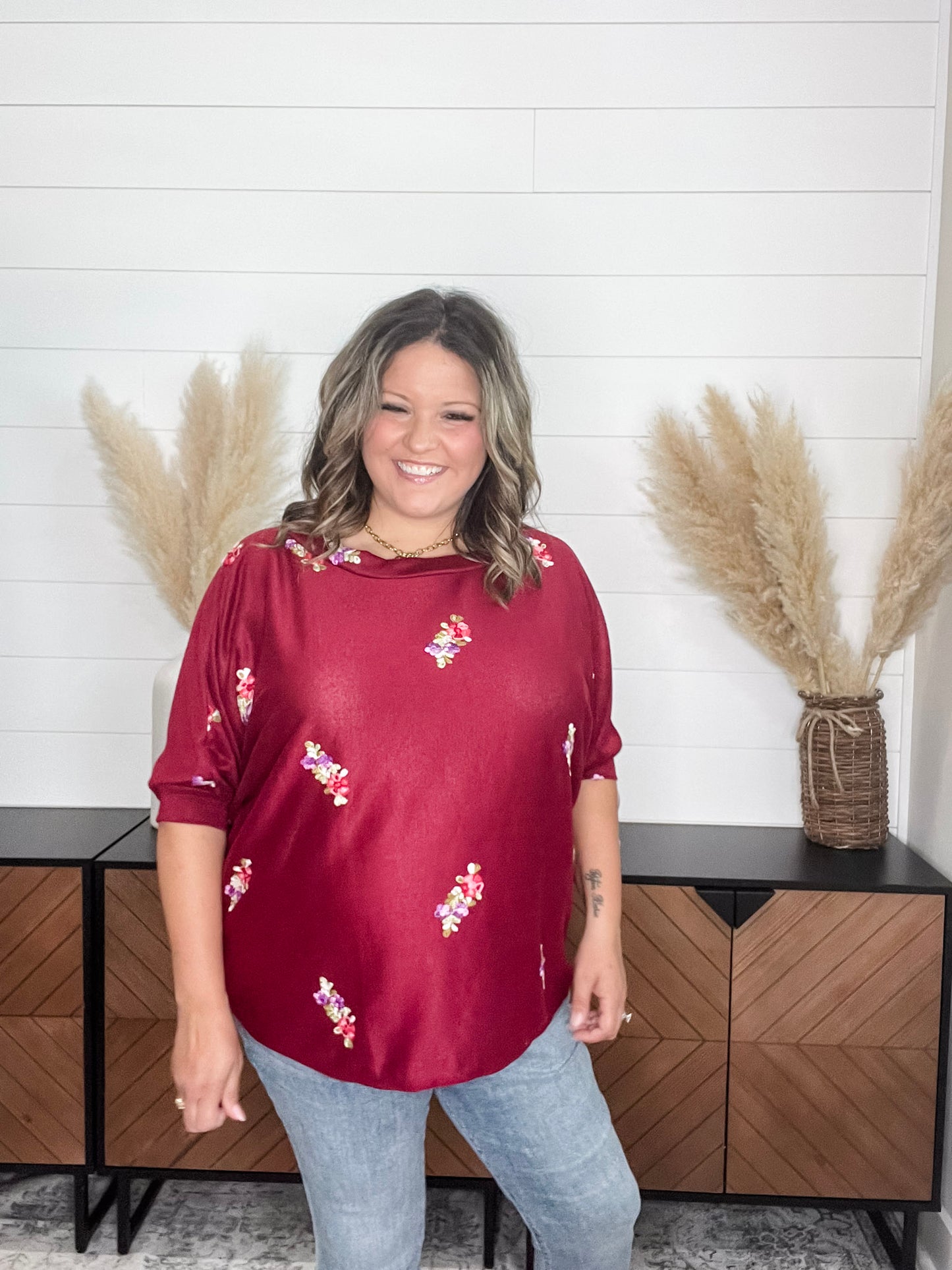 "Deceptive" Floral Embroidered Short Sleeve Dolman with Cuff and Collar (Wine)