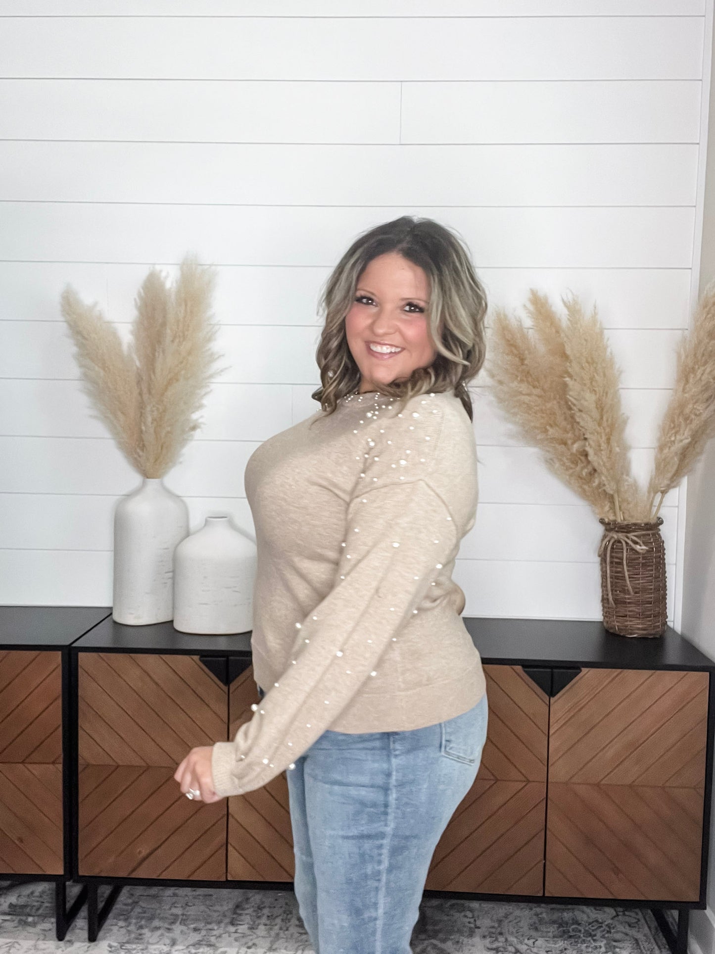 "Discreet" Long Sleeve Pearl Embellished Balloon Sleeve Sweater