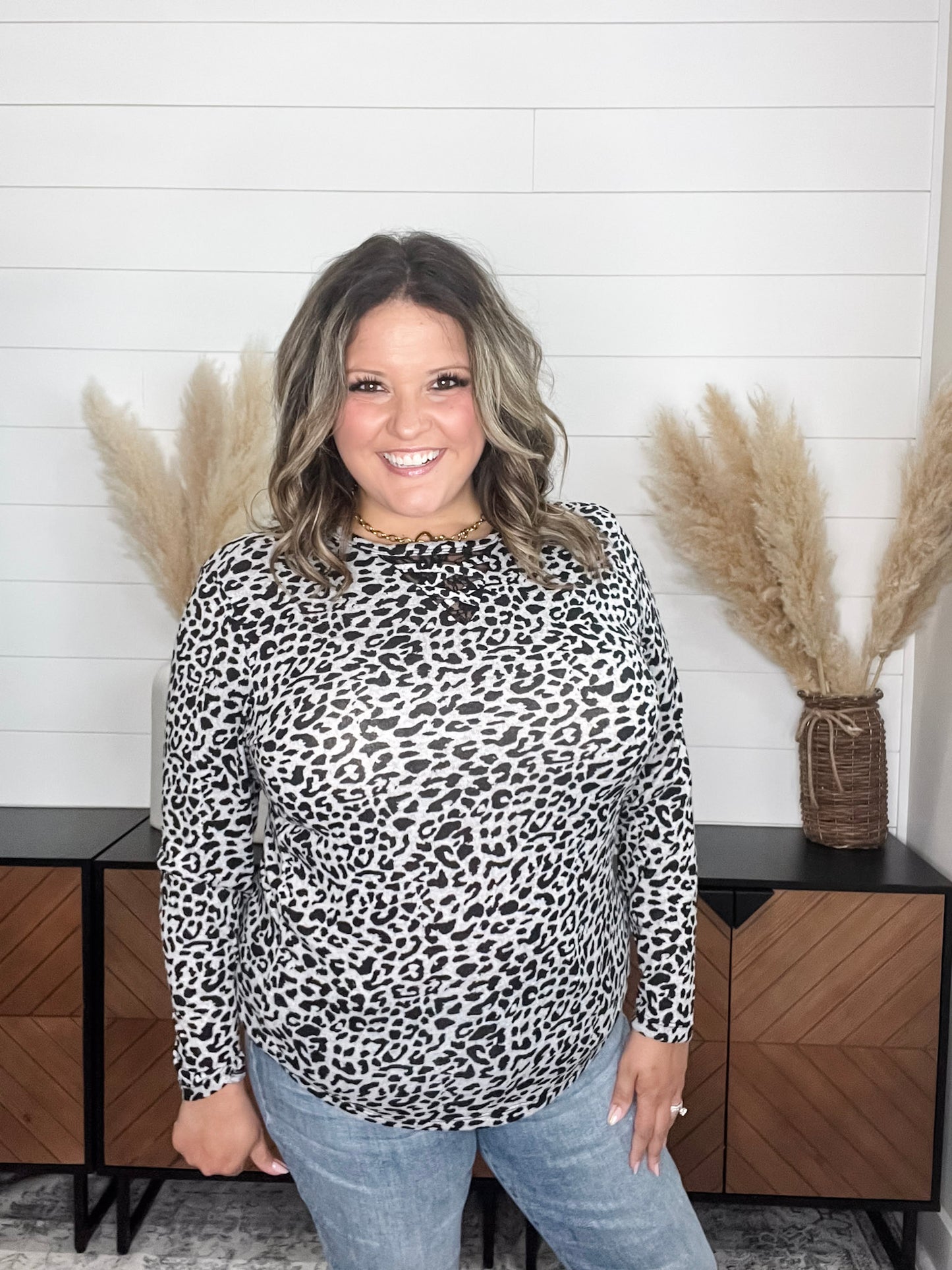 "Dixie" Animal Print Long Sleeve with Criss Cross Design (Grey)