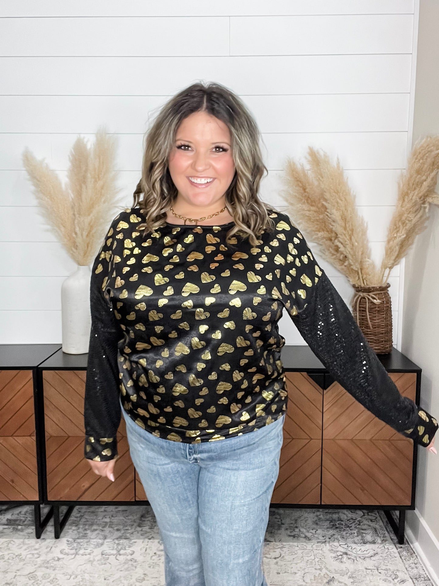 "Golden" Long Sequin Sleeved Top with Foil Hearts