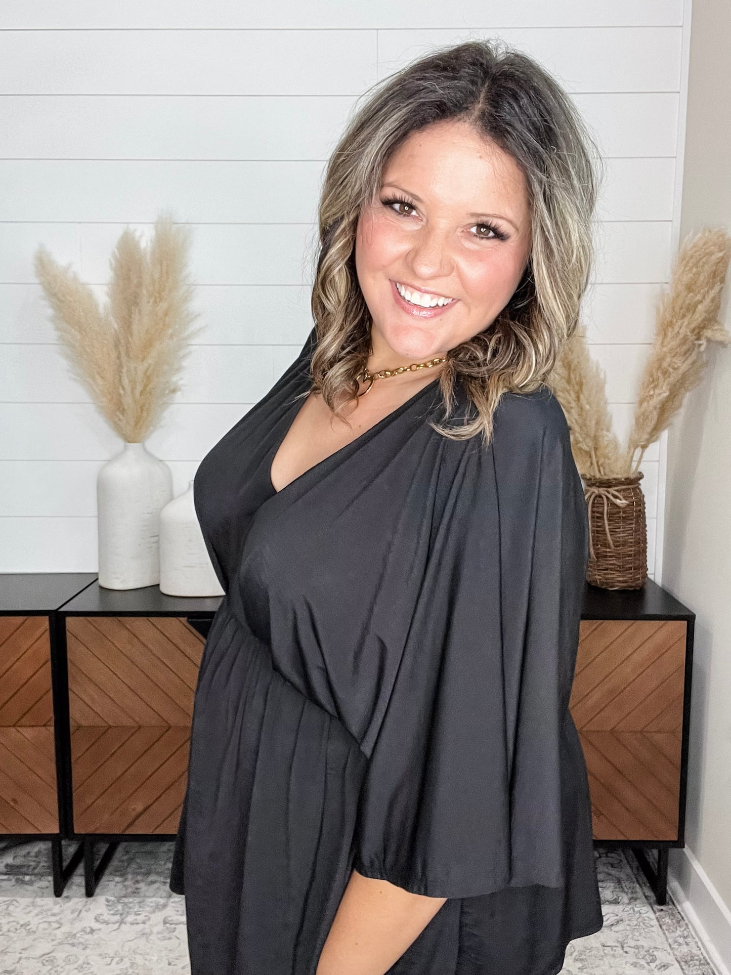 "Here We Go Again" V Neck 3/4 Bell Sleeve (Black)