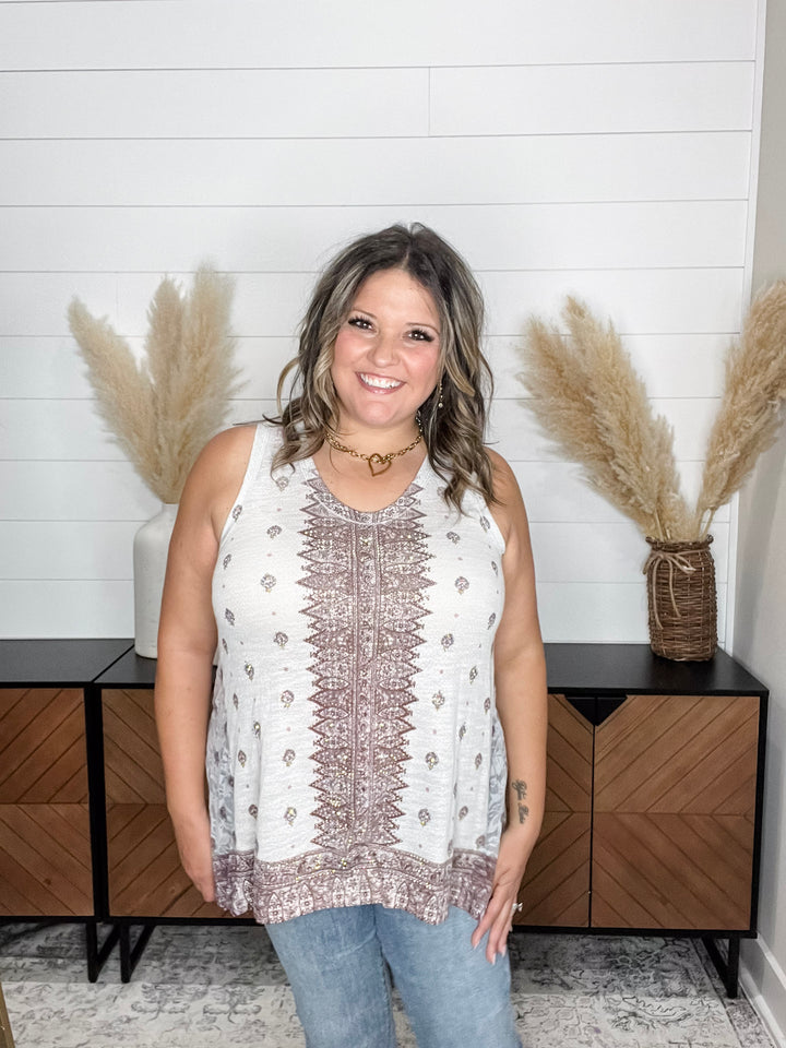 "It's A Date" Bejeweled with Lace Inserts V Neck Tank Top