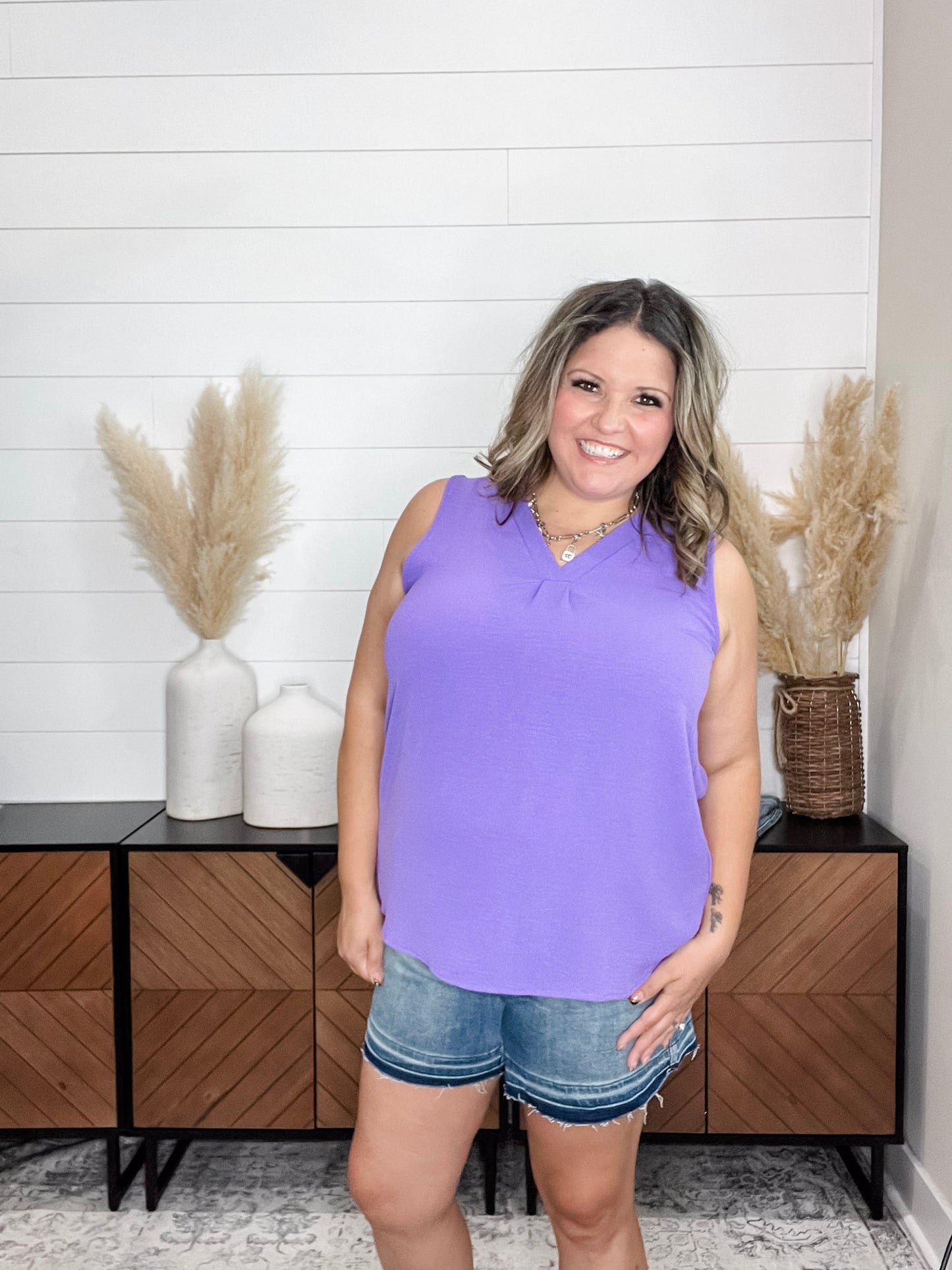 "Swanton" Deep V Tank with Front Pleat (Orchid Glow)