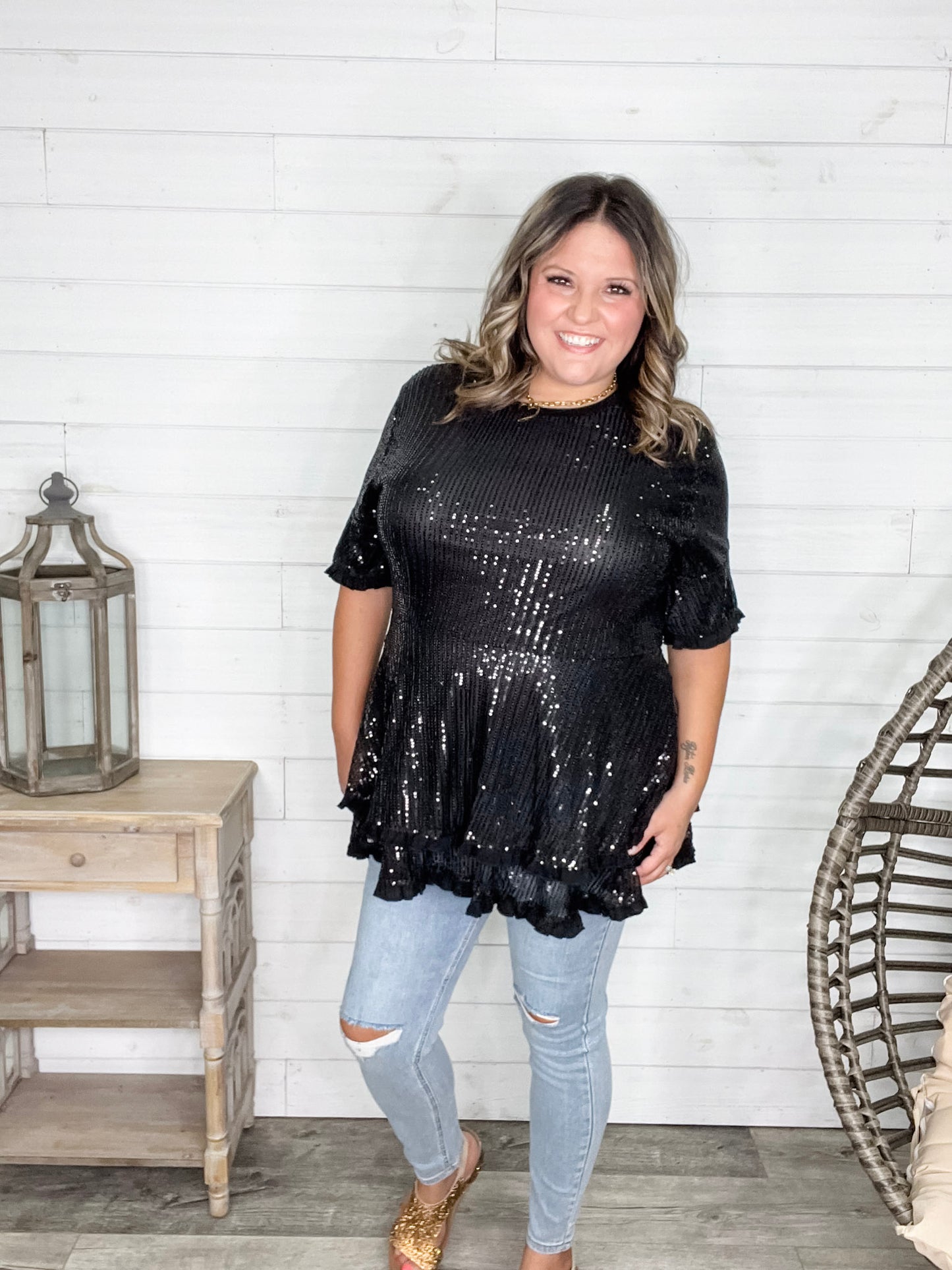 "Caught A Glimpse" Sequined Ruffle Hem and Sleeve (Black)
