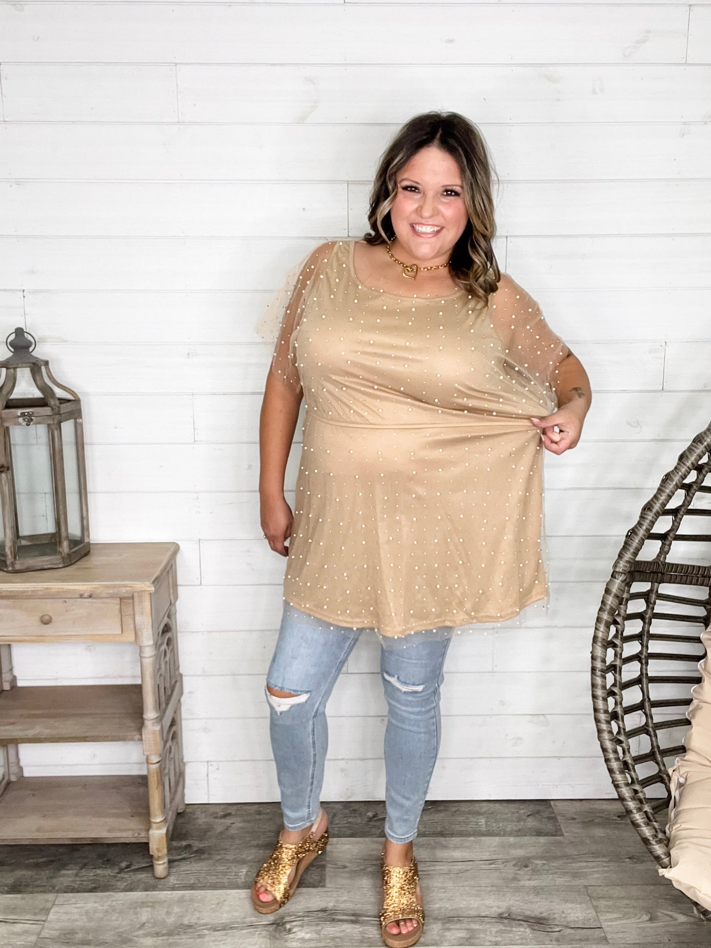 "Eras" Pearl Mesh Lined Tunic / Dress (Nude)