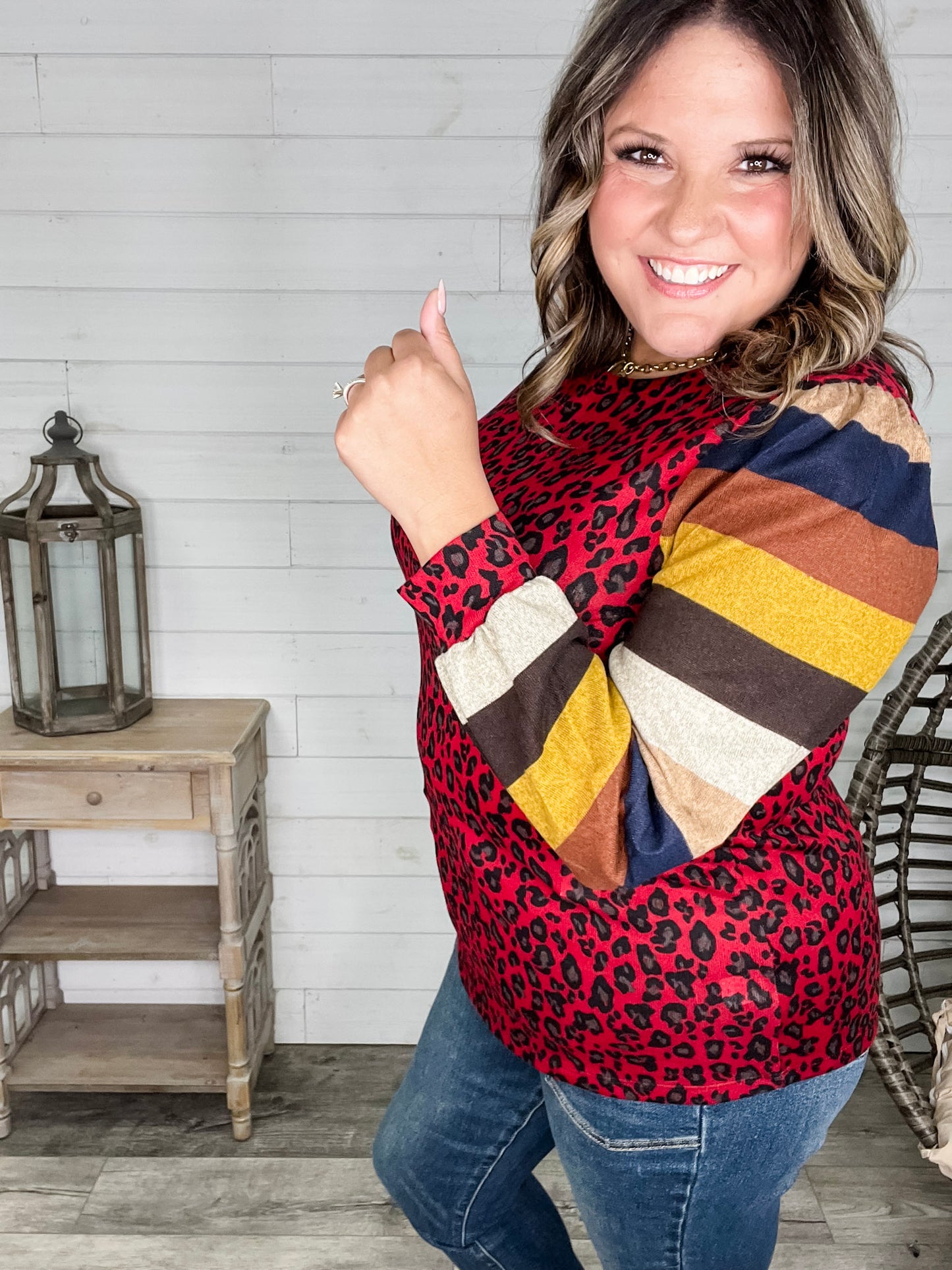 "Well Ok" Long Sleeve Animal Print with Stripe Accent