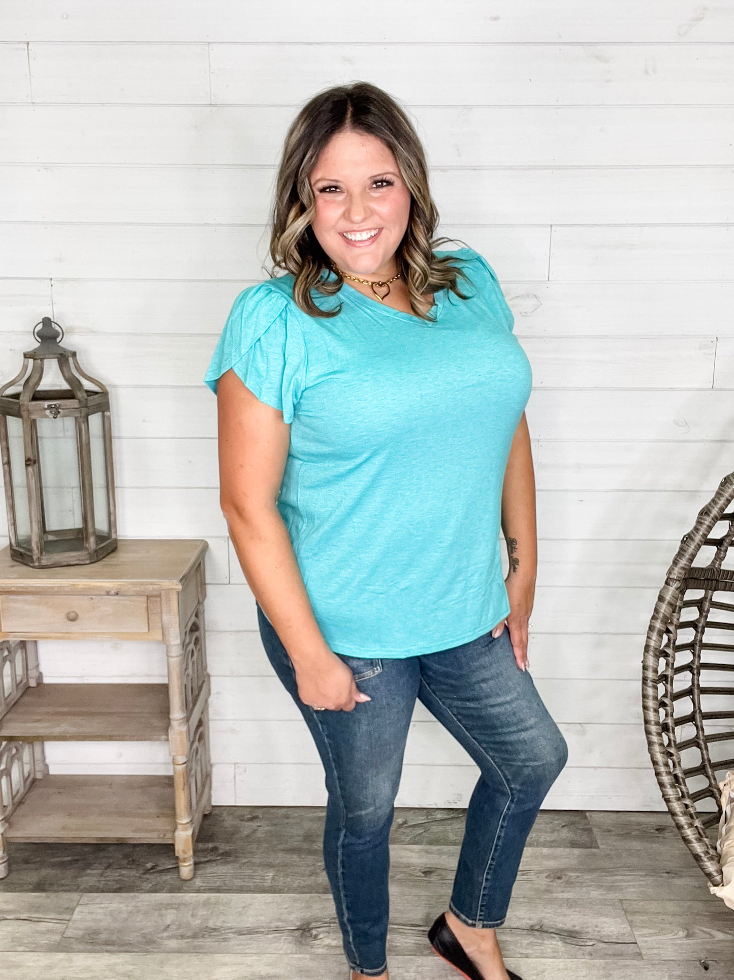 "Just The Beginning Chapter Two" Solid Tulip Sleeve V Neck (Turquoise)