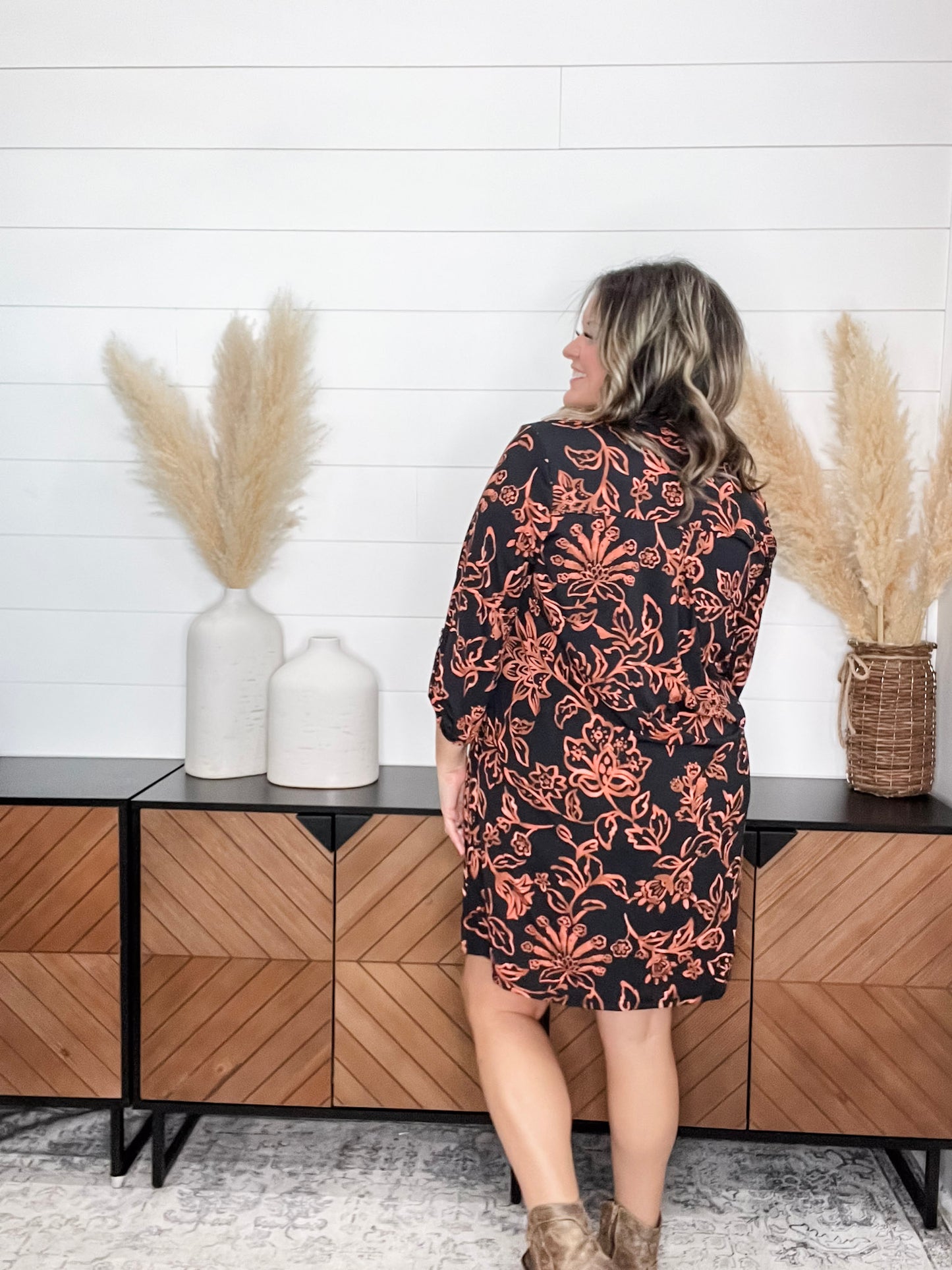 Dear Scarlett "Potasium" 3/4 Sleeve Split Neck Dress with Pockets