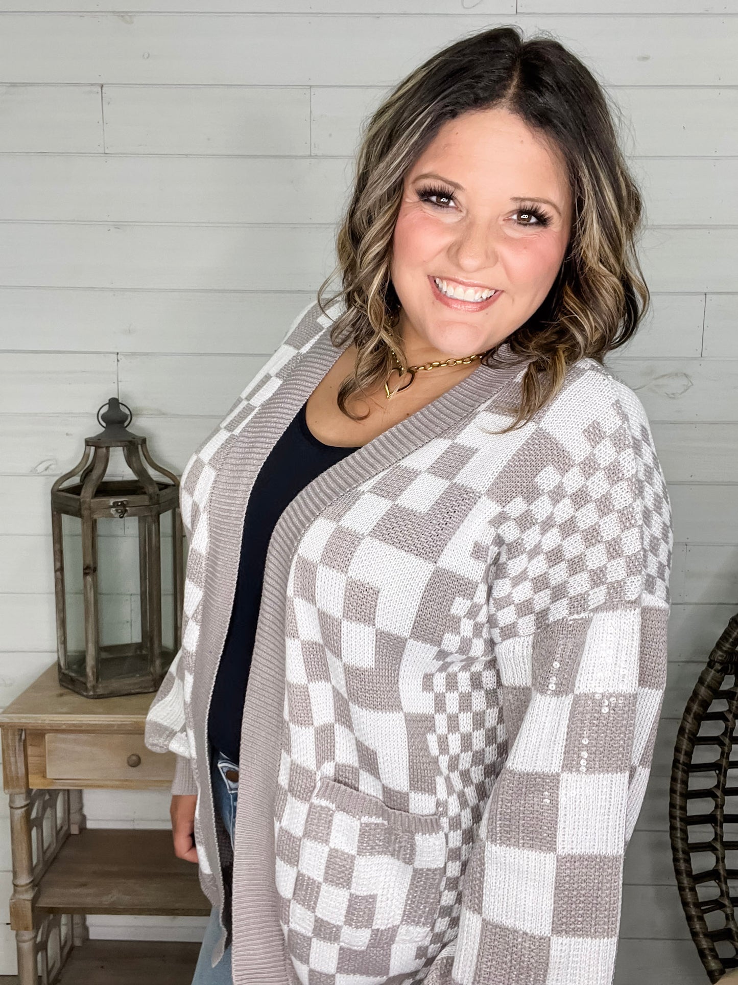 "Check Me Out" Checkered Cardigan with Sequin Detail (Multiple Colors)