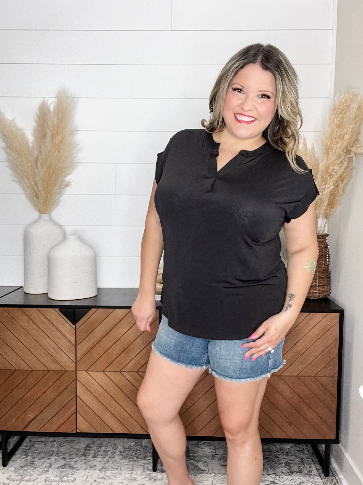 "Smarter Than You Think" Split Neck Cuffed Short Sleeve (Black)