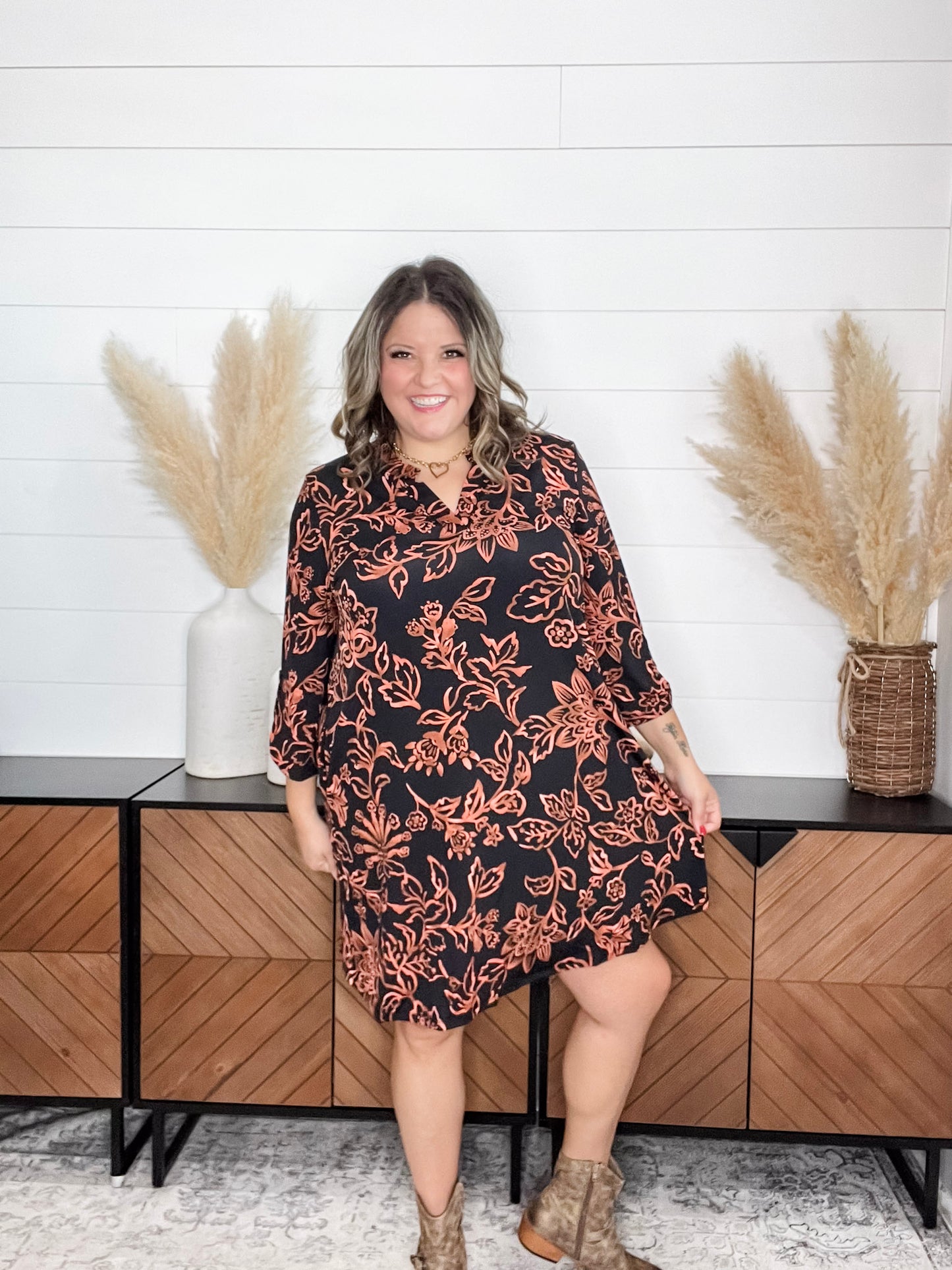 Dear Scarlett "Potasium" 3/4 Sleeve Split Neck Dress with Pockets
