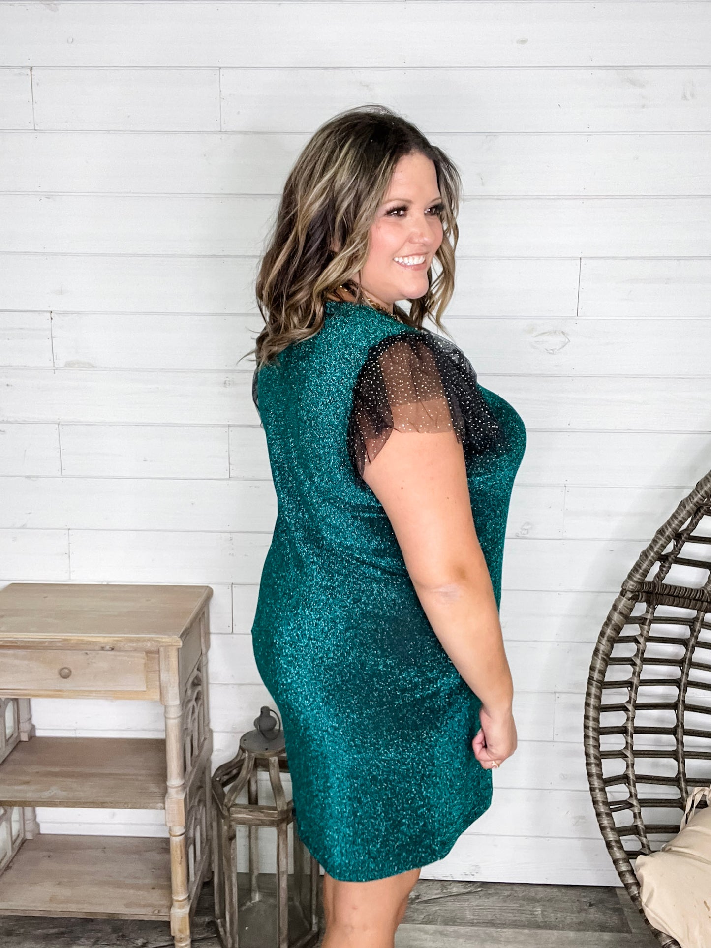"Lark" Butterfly Sleeve Sparkle Dress with Pockets
