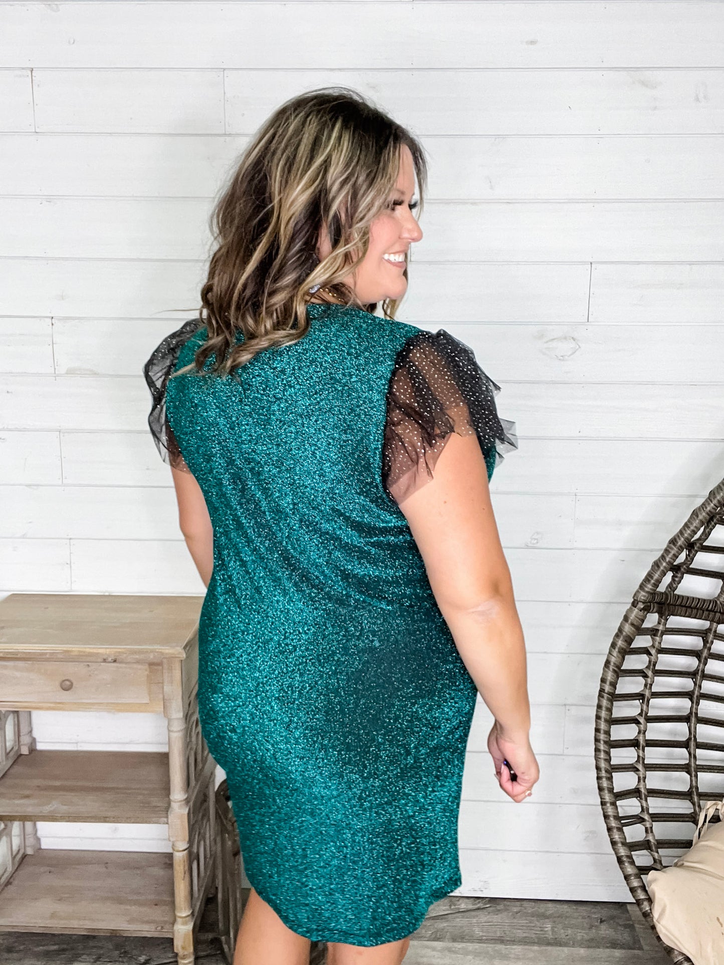 "Lark" Butterfly Sleeve Sparkle Dress with Pockets