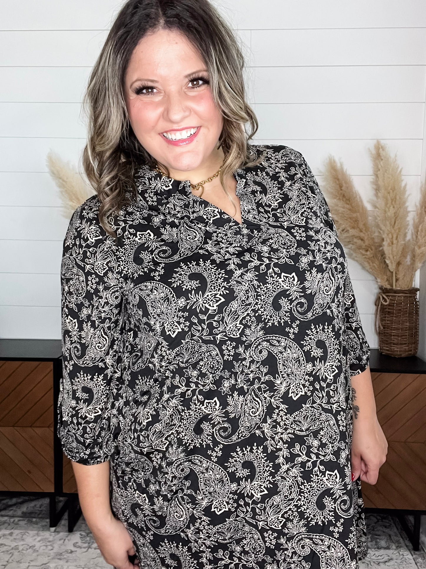 Dear Scarlett "Nickel" 3/4 Sleeve Split Neck Dress with Pockets