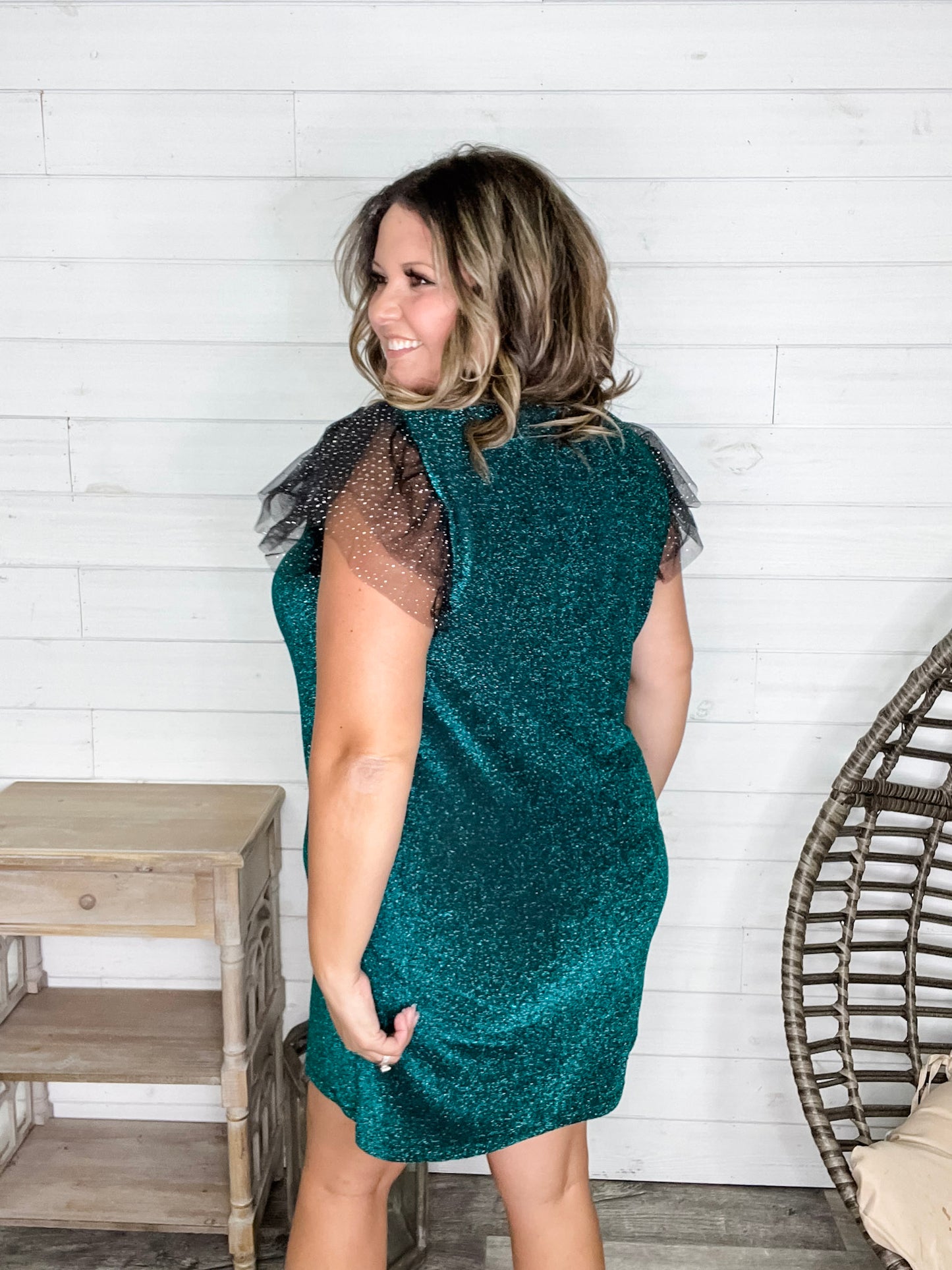 "Lark" Butterfly Sleeve Sparkle Dress with Pockets