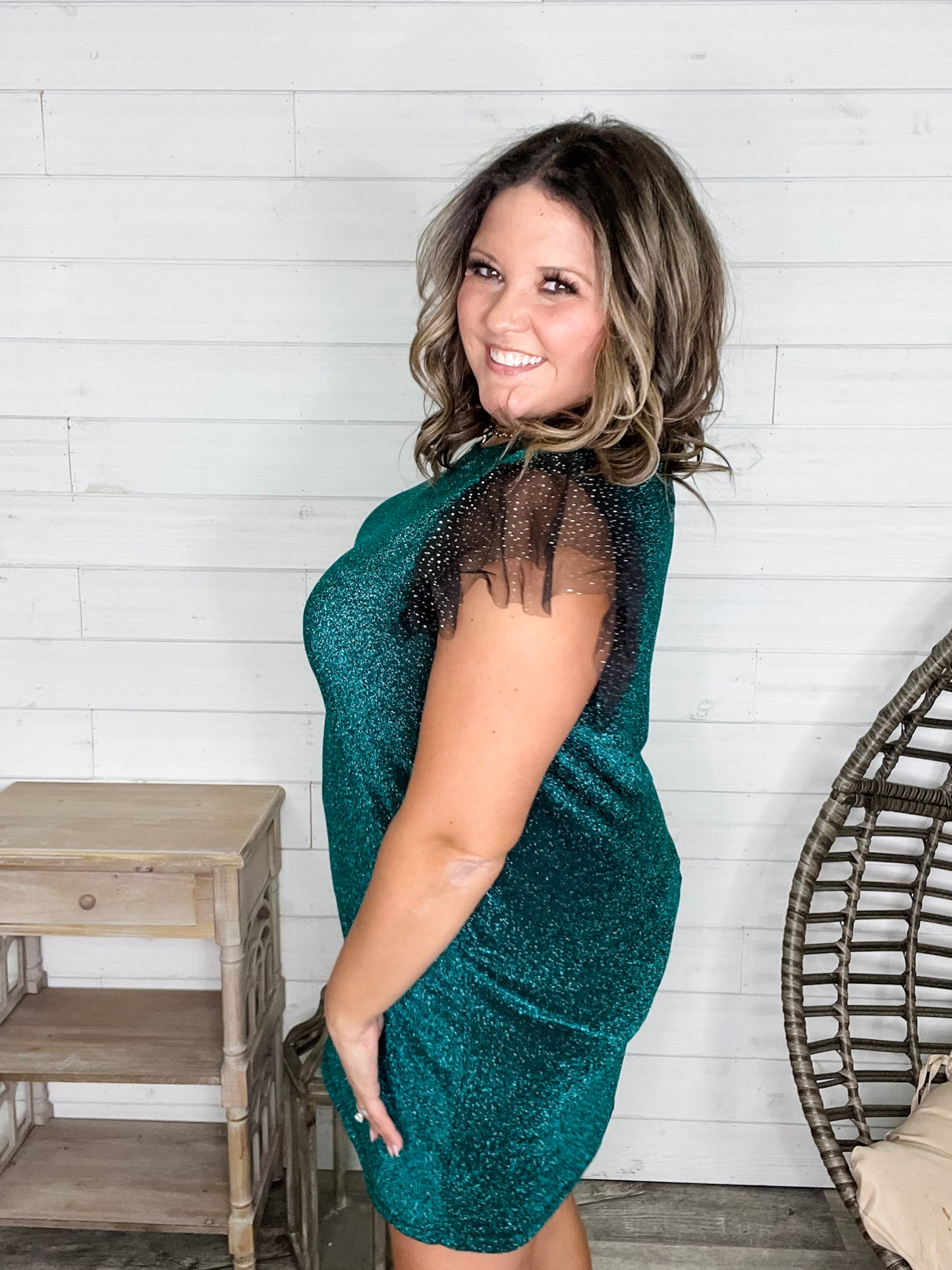 "Lark" Butterfly Sleeve Sparkle Dress with Pockets
