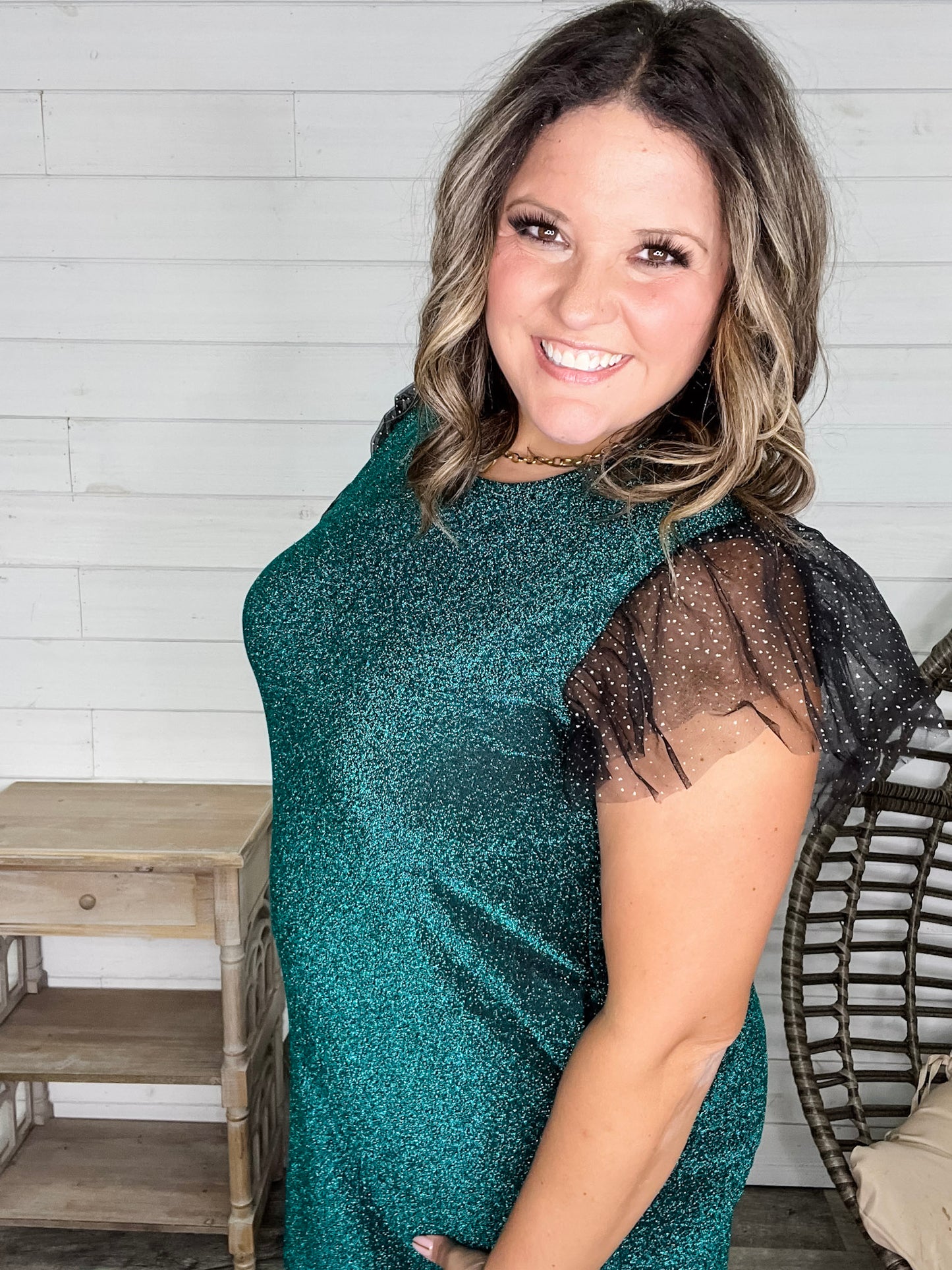 "Lark" Butterfly Sleeve Sparkle Dress with Pockets