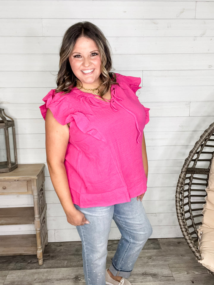 "Wheatland" Ruffle Cap V Neck with Tie Detail (Hot Pink)