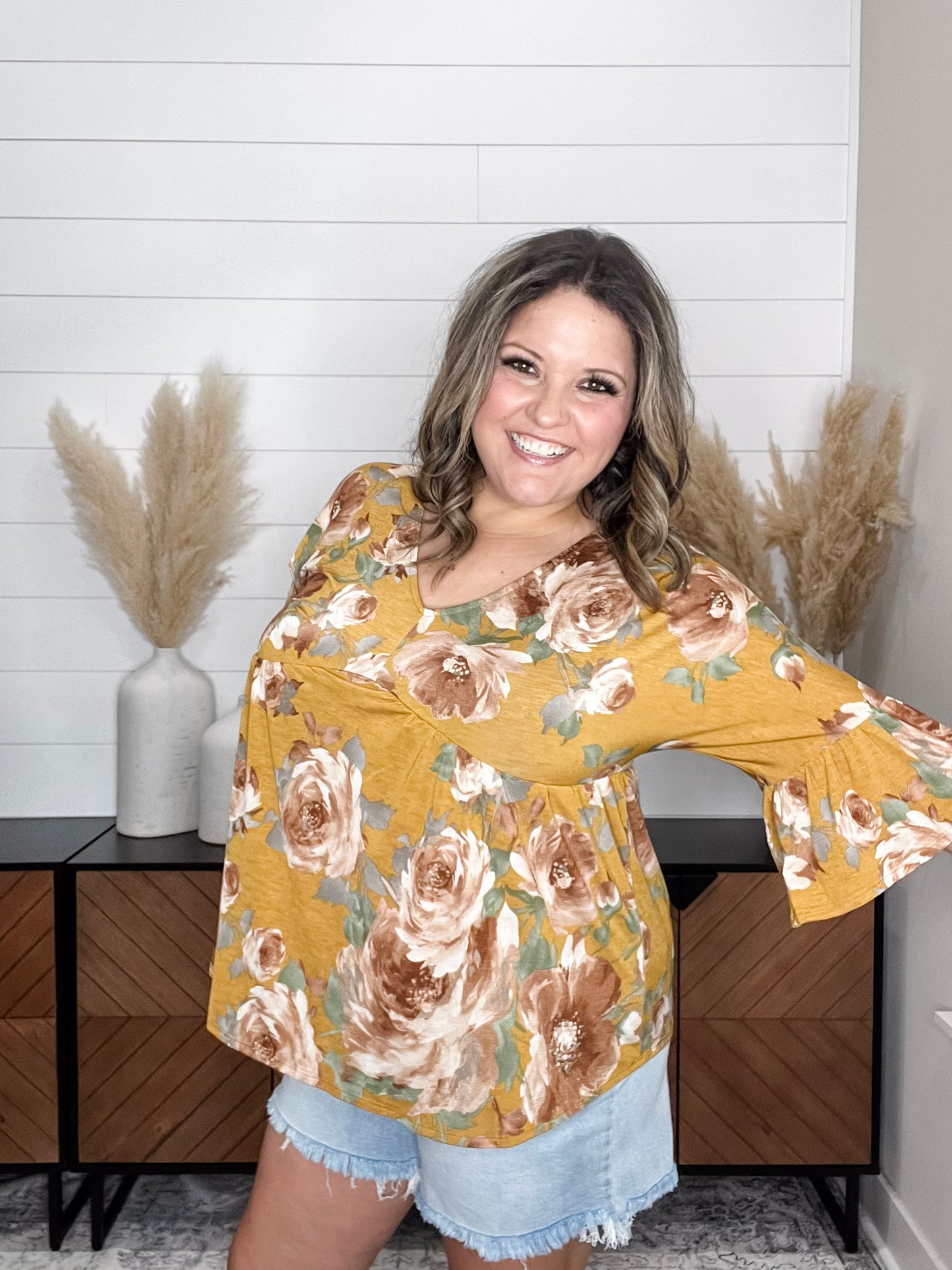 "Calen" Floral 3/4 Ruffle Sleeve Babydoll