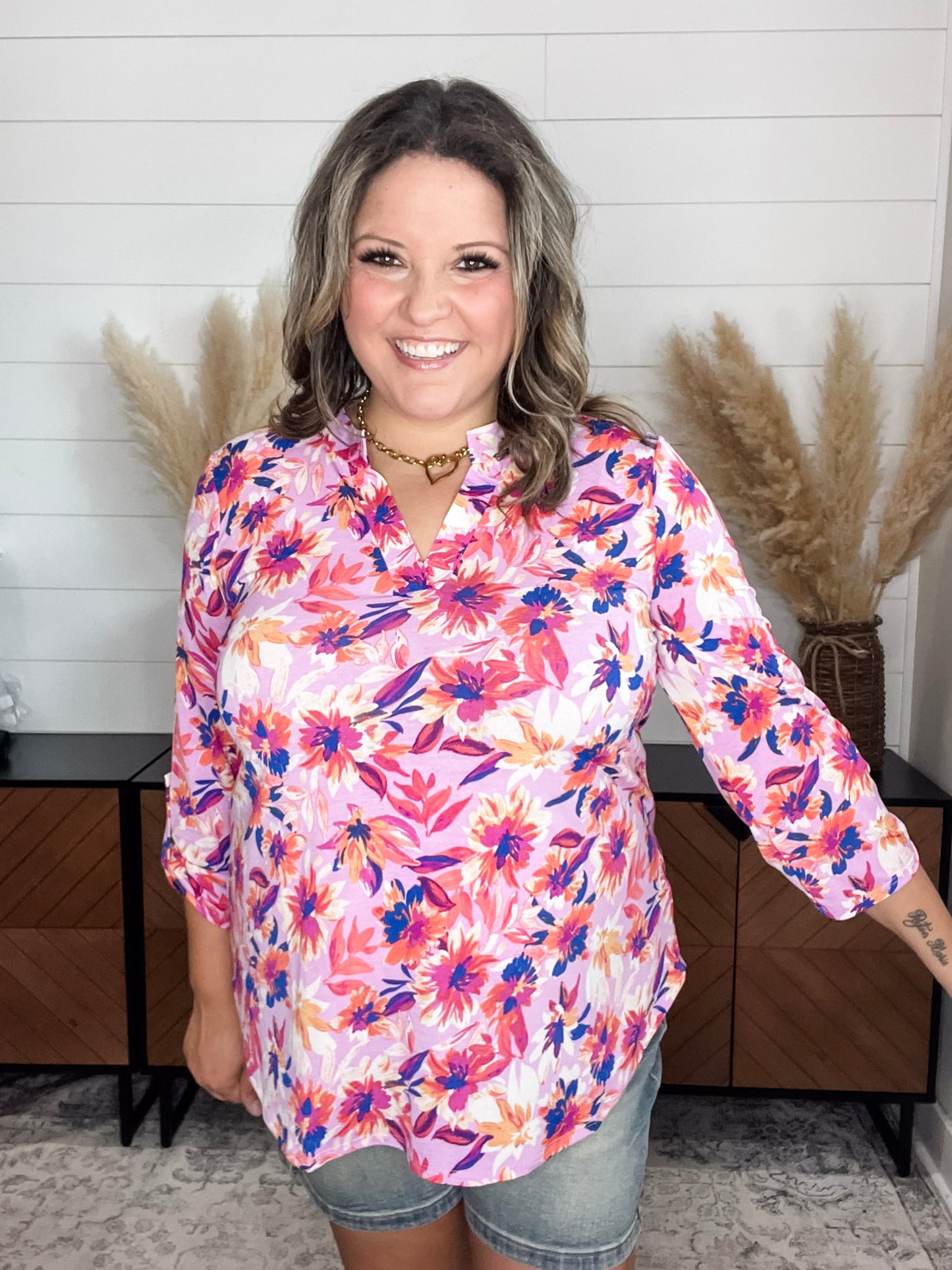 "Season" 3/4 Sleeve Split Neck Tops